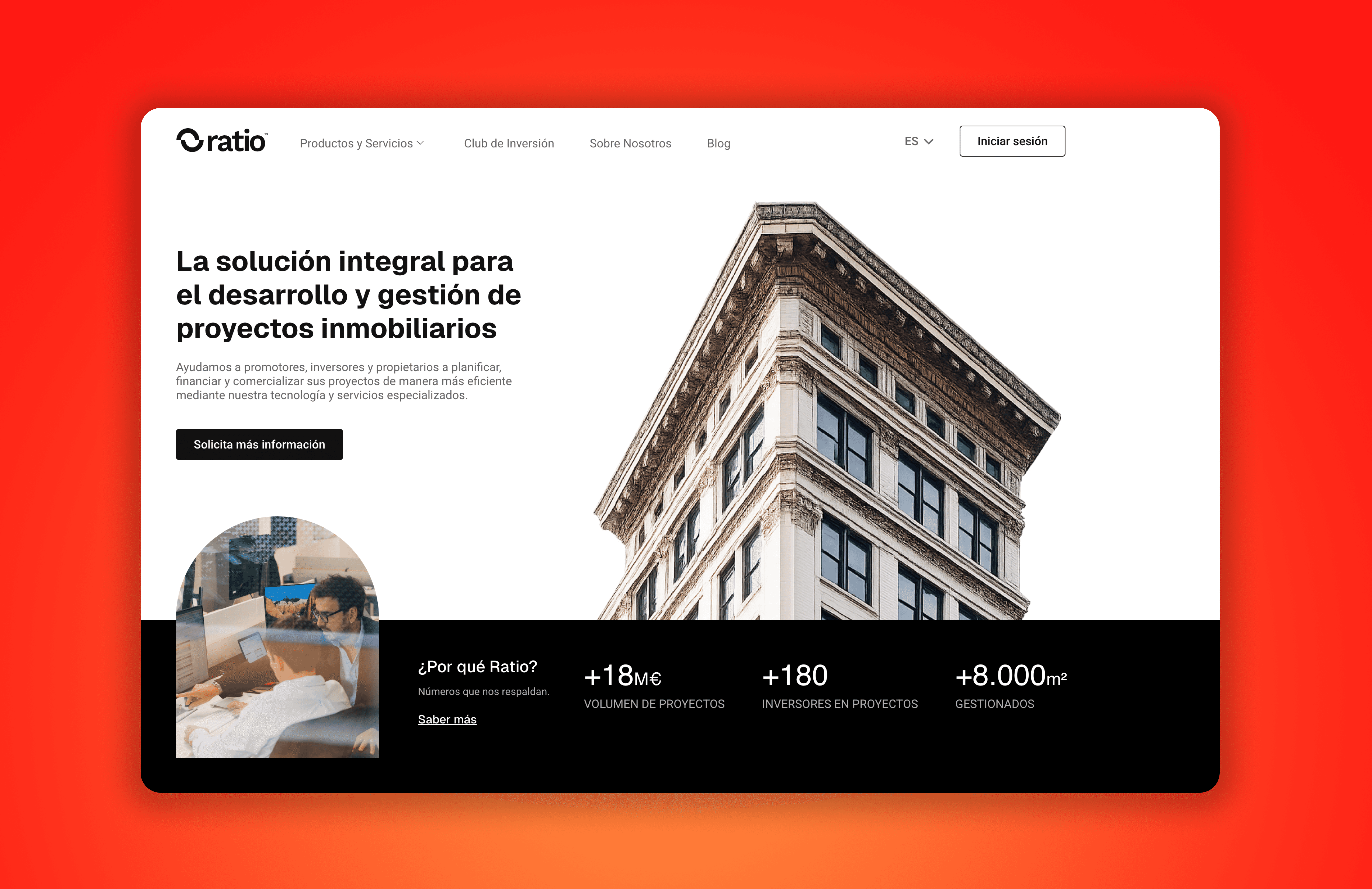 Website design for Ratio showing a modern building image and minimalist homepage layout with clean typography and black-and-white aesthetic