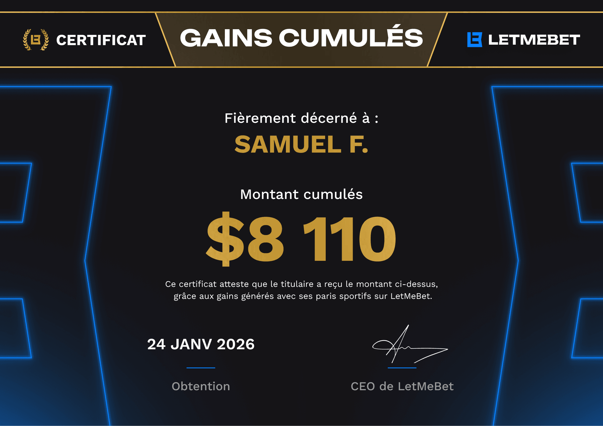 Gain cumulés Samuel sur la plateforme LetMeBet