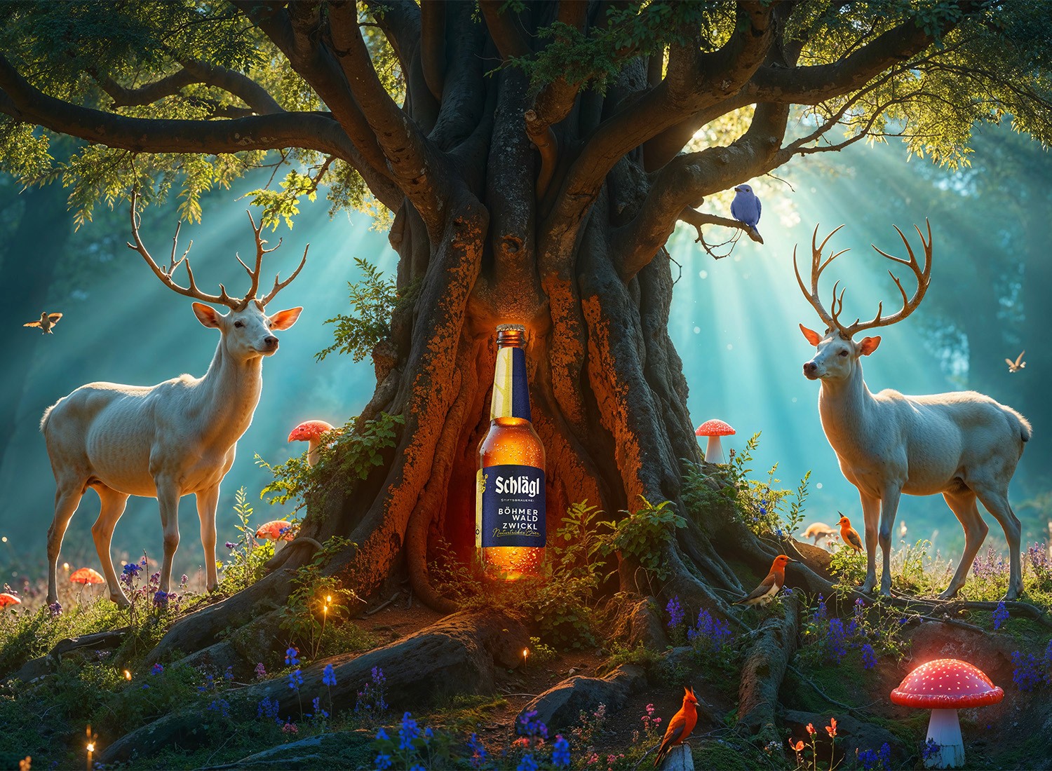 Großer Baum, in der Mitte gibt der Stamm eine Höhle frei, worin sich ein Schlägl Zwickl Bier befindet. Rechts und Links vom Baum stehen zwei Fabelwesen, ähnlich zwei weißen Hirschen