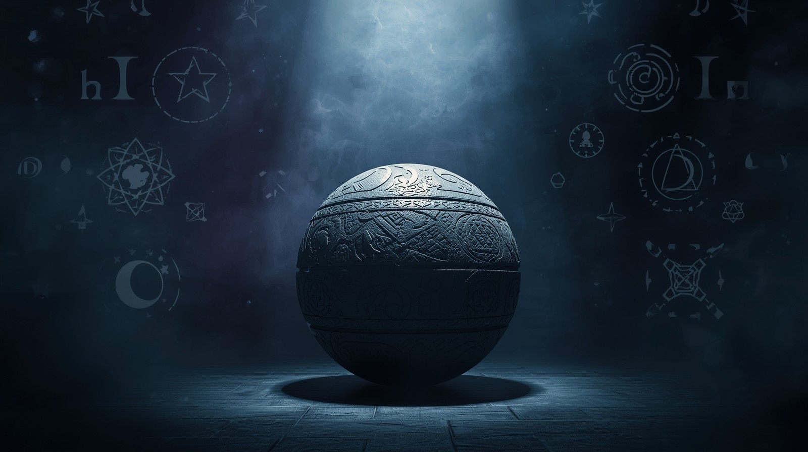 Symbolic cinematic composition showing a large stone sphere with intricate carvings surrounded by abstract icons