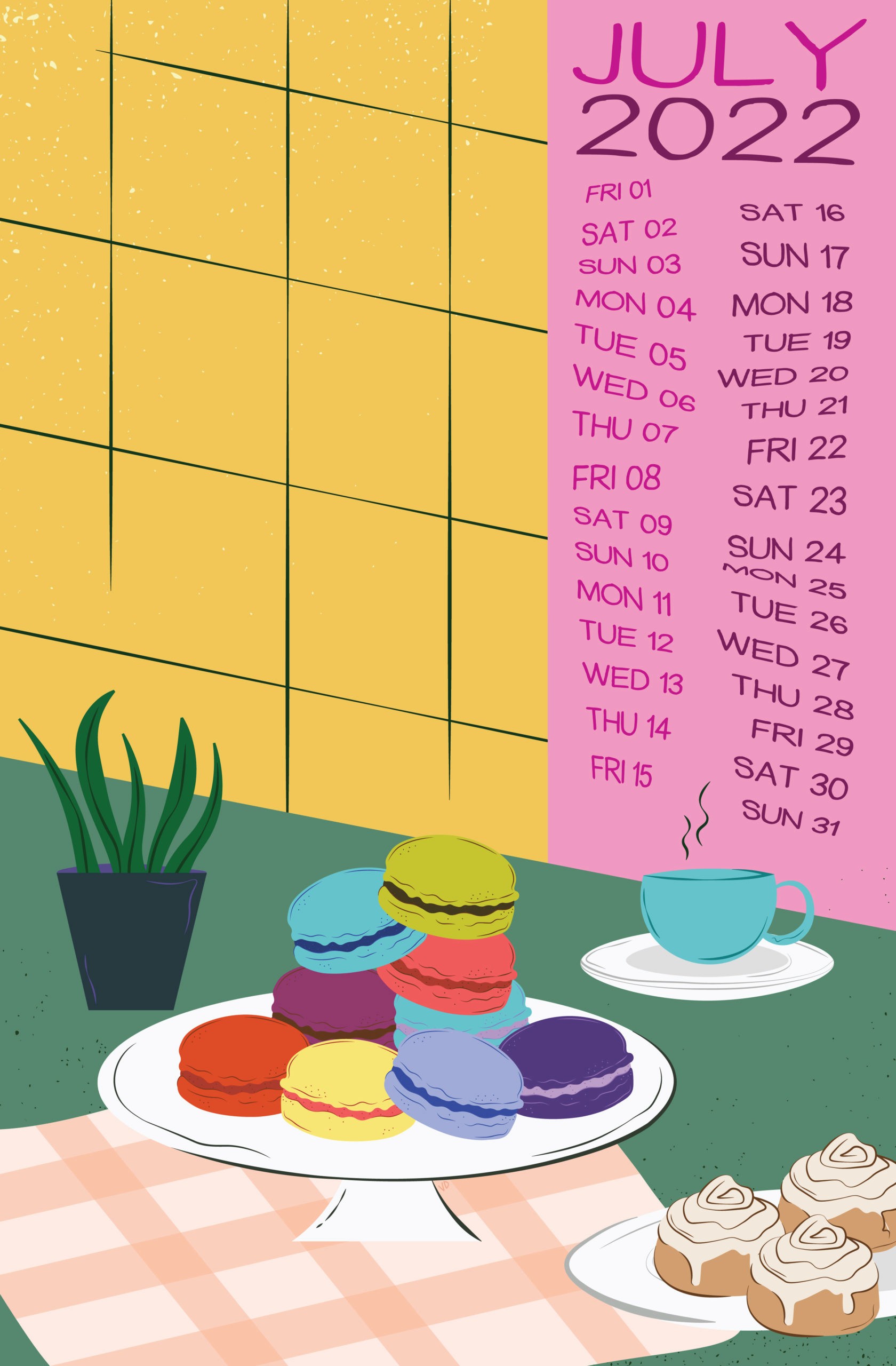 July 2022 month illustration with a table full of colored macarons and donuts, a cup of coffee, and a small plant. on the wall near the table is the pink month sheet glued to the wall