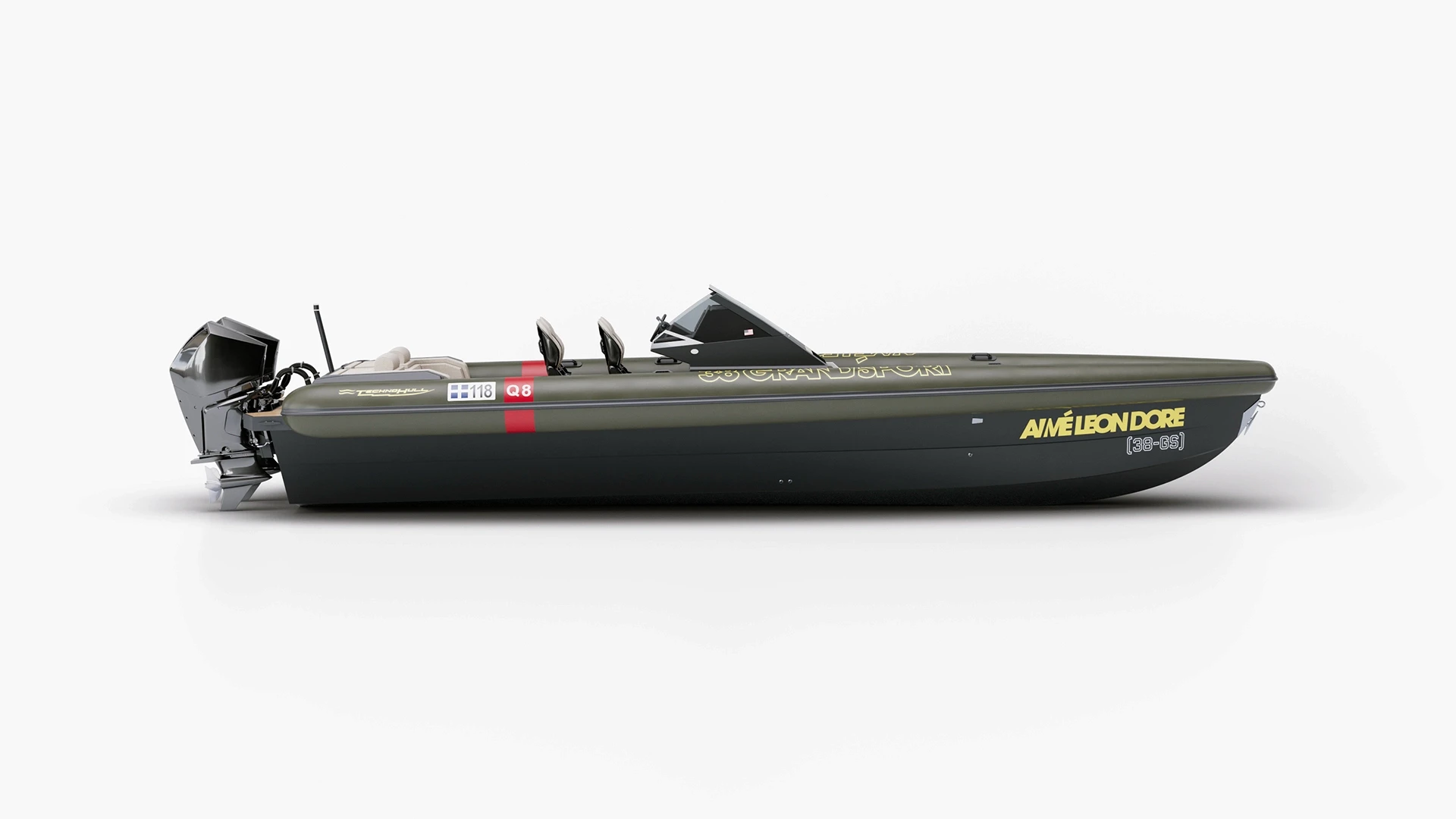 Side view render of the Aimé Leon Dore and Technohull speedboat on a white background