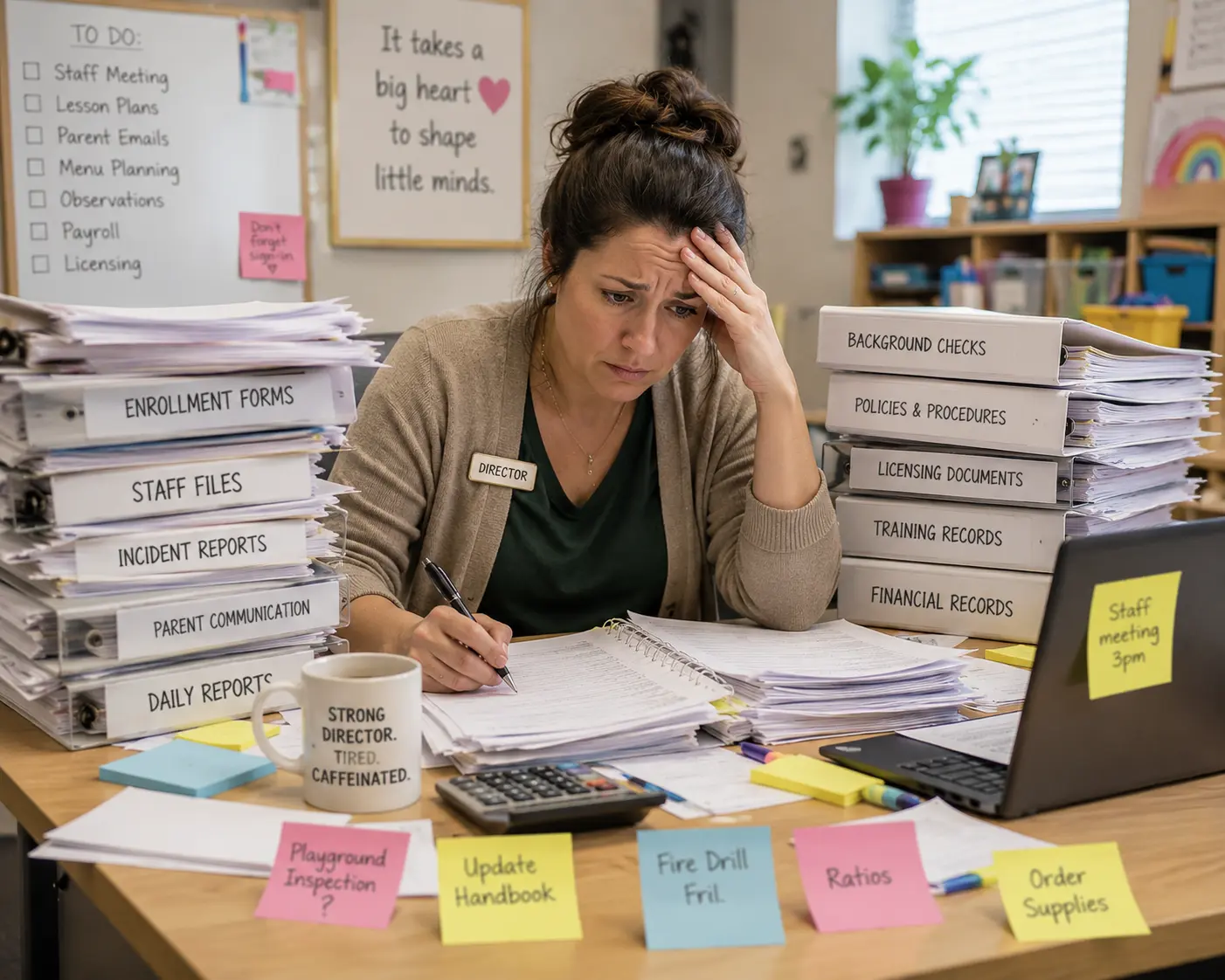 A woman holds her head in her hand and looks worried at a desk full of sticky notes, binders, and paper.