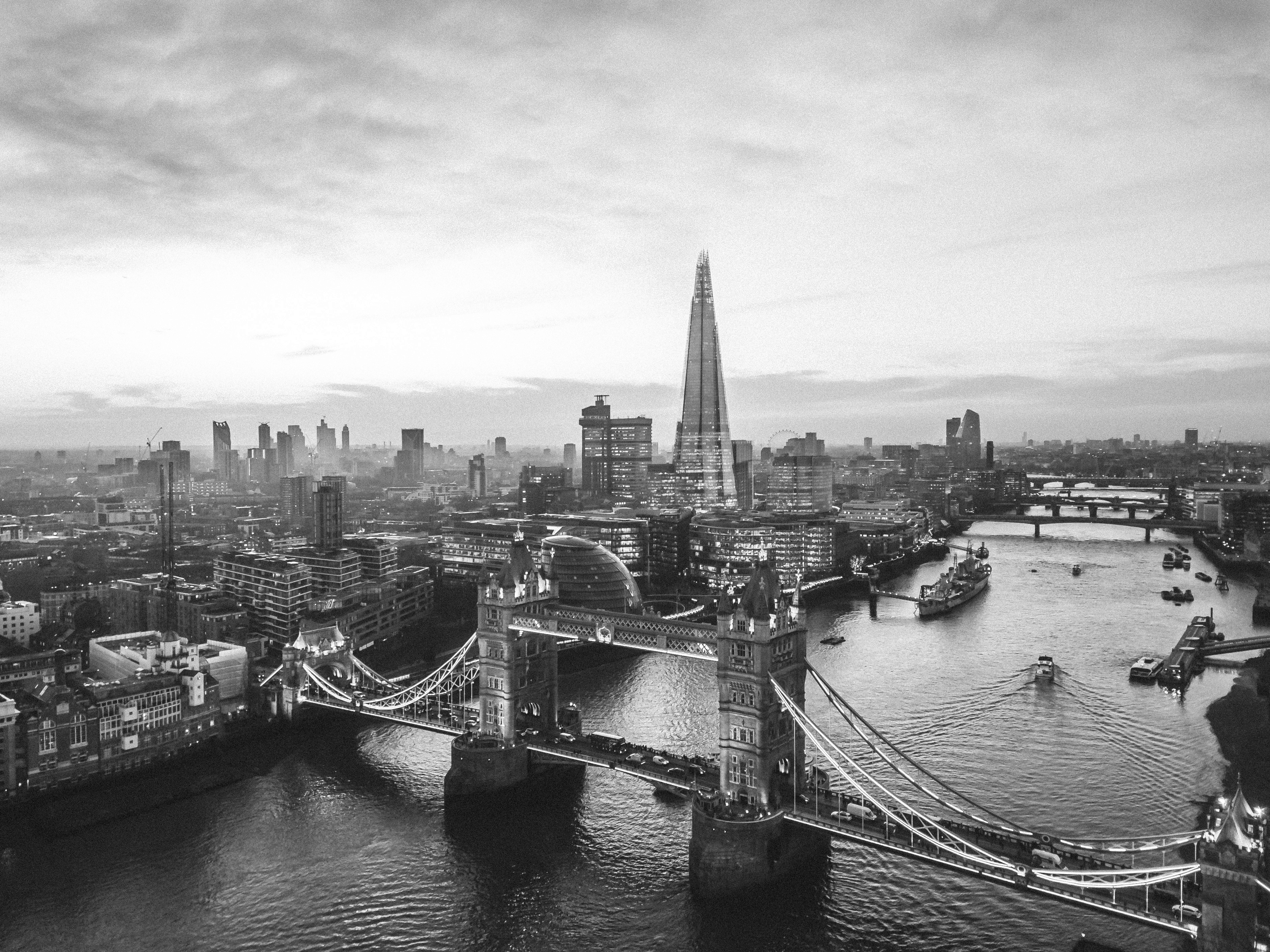 Black and white image of london with the Cogworks logo at the bottom right 