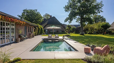 MLine Pool neben belgischem Bauernhaus mit Reetdach und Gartenanlage
