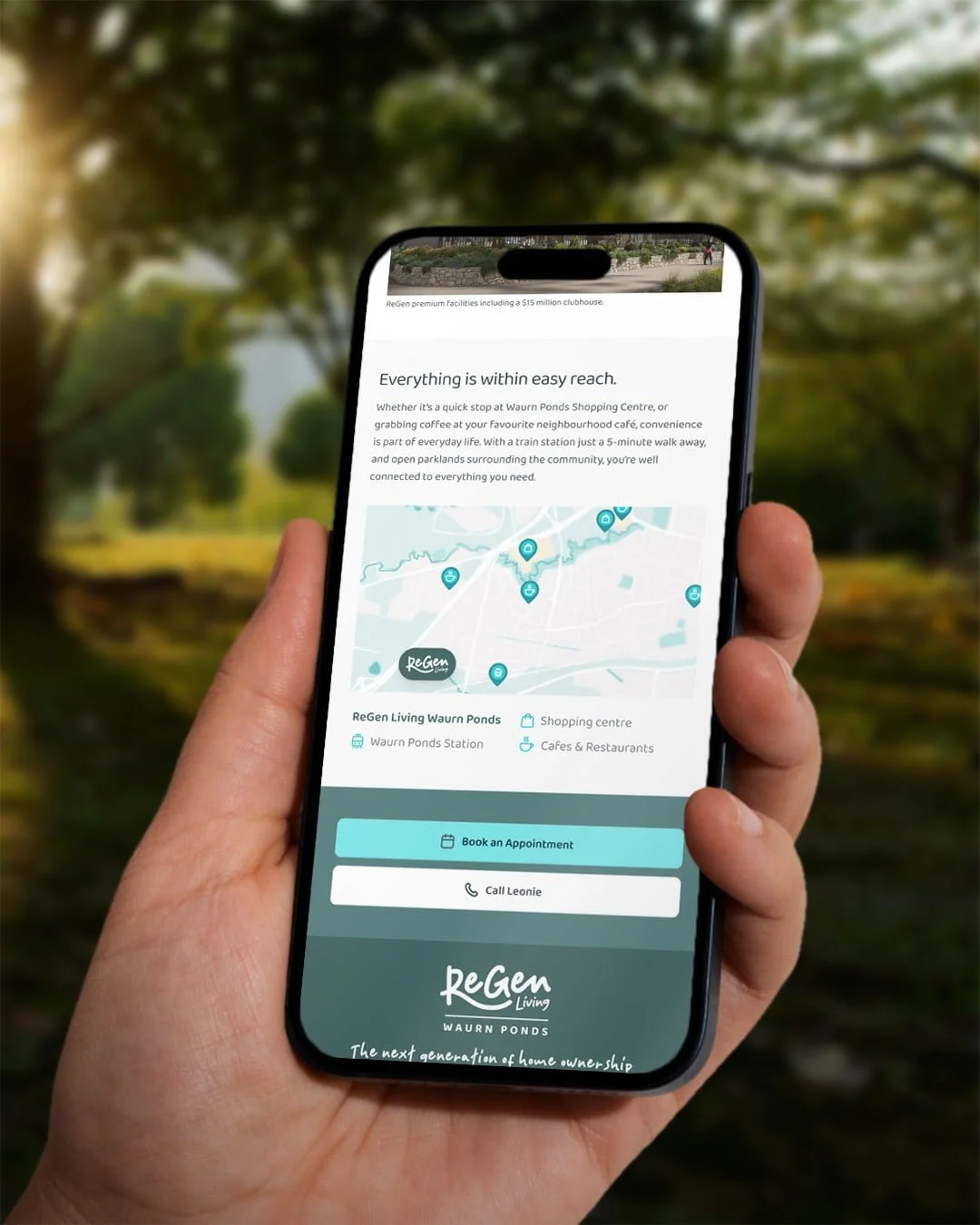 Phone screen showing a ReGen Living Waurn Ponds web page with a location map and 'Book an Appointment' button