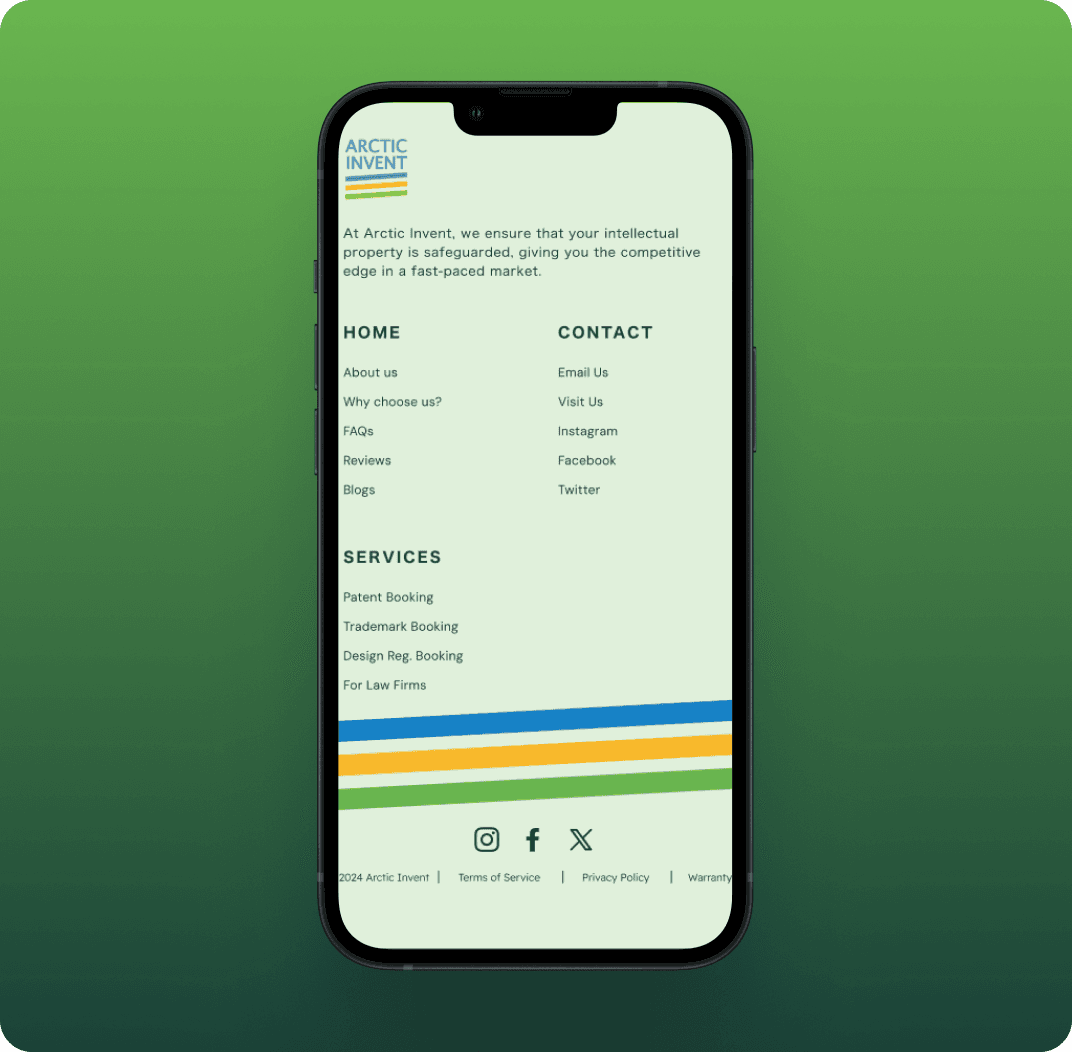 A smartphone displaying the footer section of the Arctic Invent website. The footer includes sections for 'HOME' (About us, Why choose us?, FAQs, Reviews, Blogs), 'CONTACT' (Email Us, Visit Us, Instagram, Facebook, Twitter), and 'SERVICES' (Patent Booking, Trademark Booking, Design-Reg. Booking, For Law Firms). Below, there are social media icons and copyright information, with colored stripes at the bottom of the screen