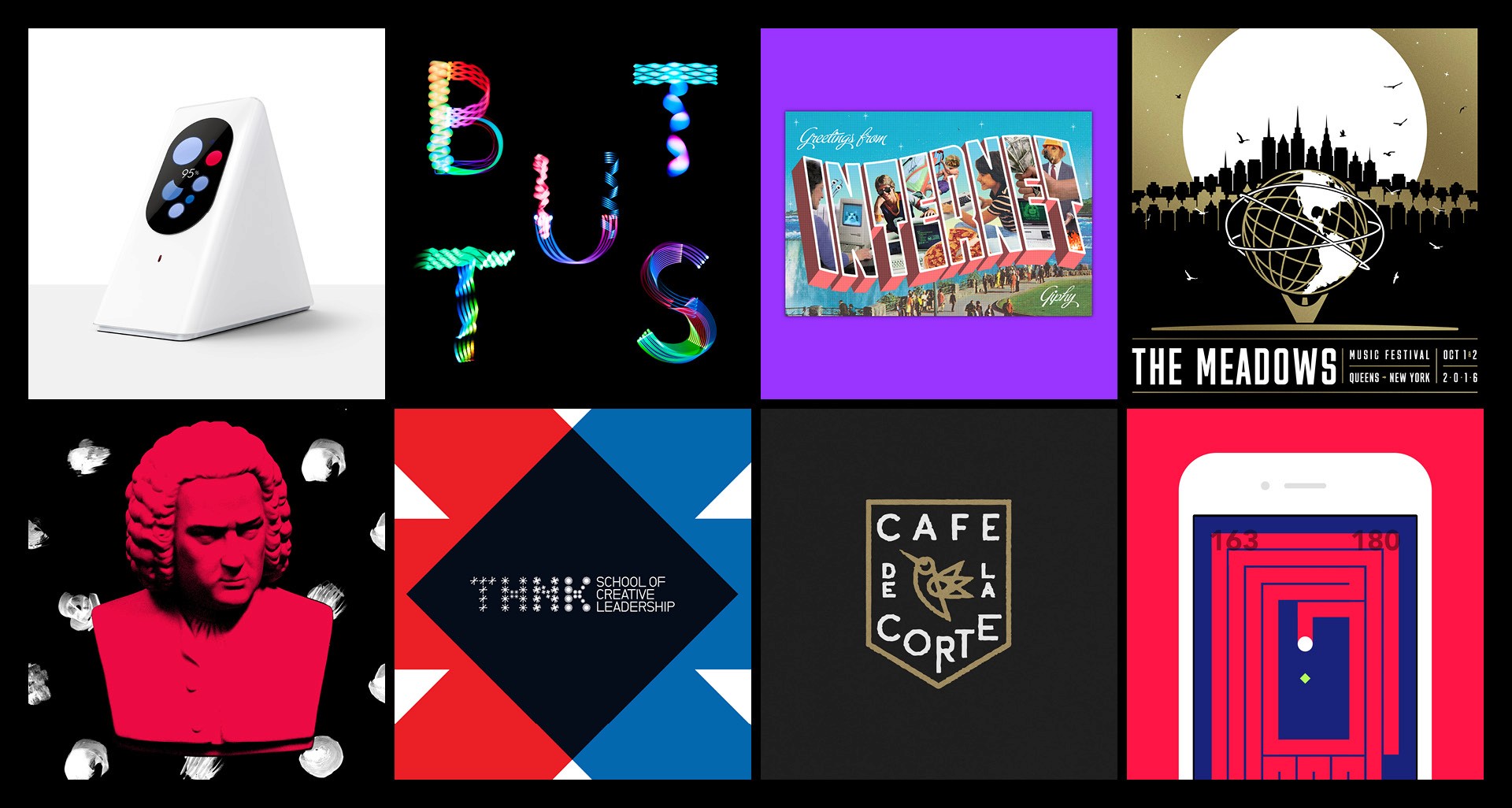 A set of images representing 3d objects, sculptures, mobile games and text logos.