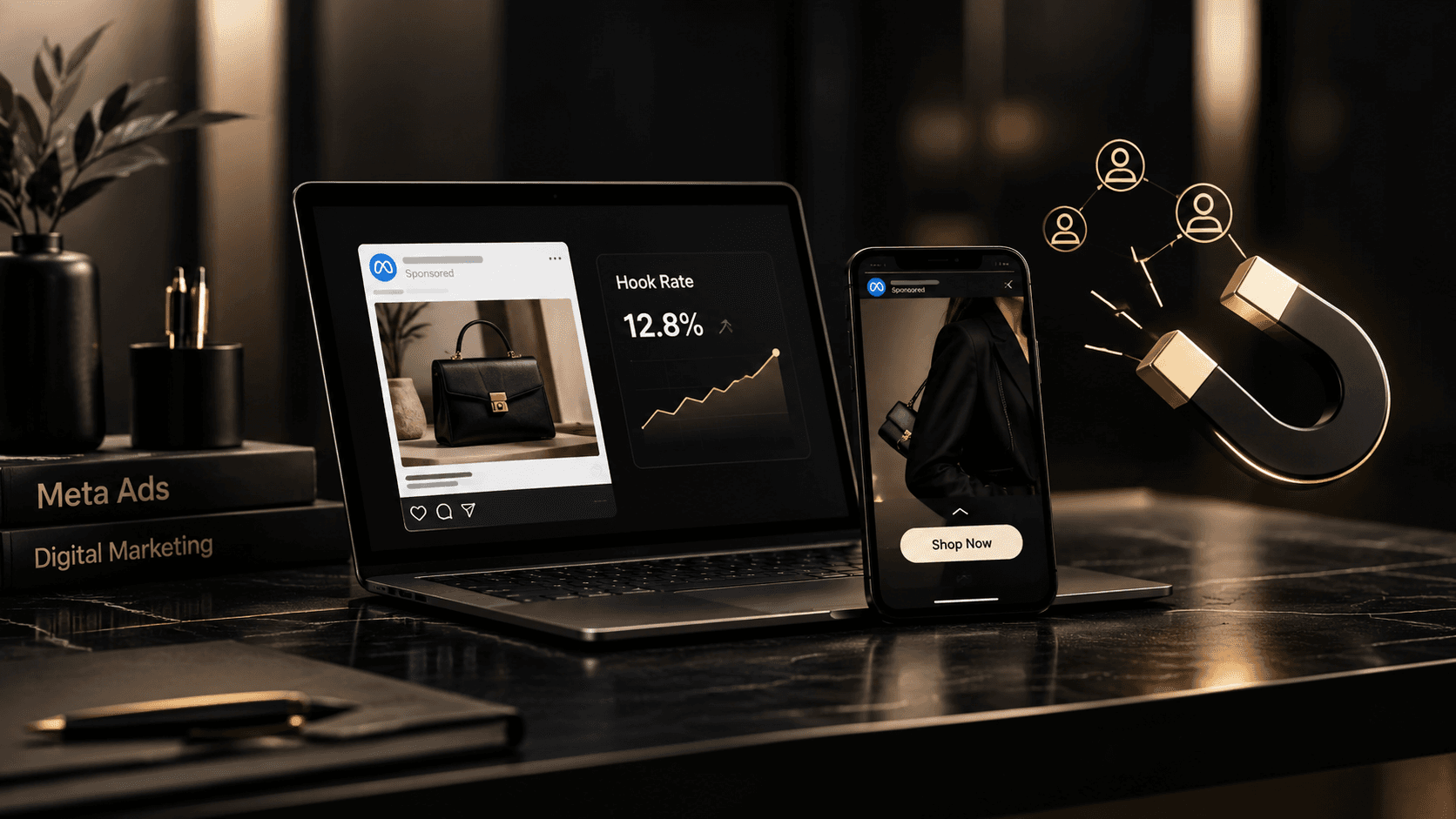 Hook rate formula, 3-second video plays divided by impressions, with the 2026 apparel and cross-industry averages