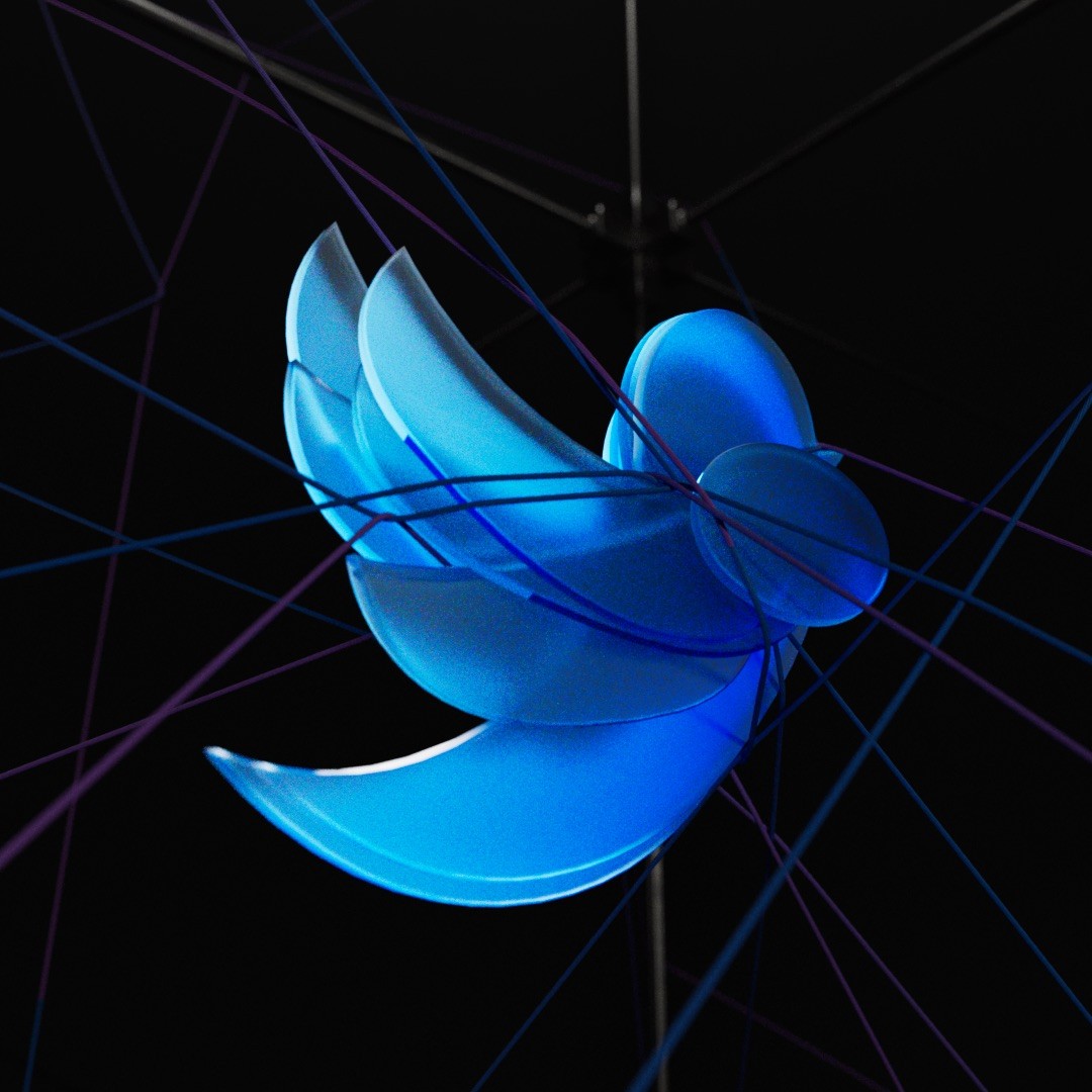 Blue glowing bird sculpture suspended with intersecting wires on black background