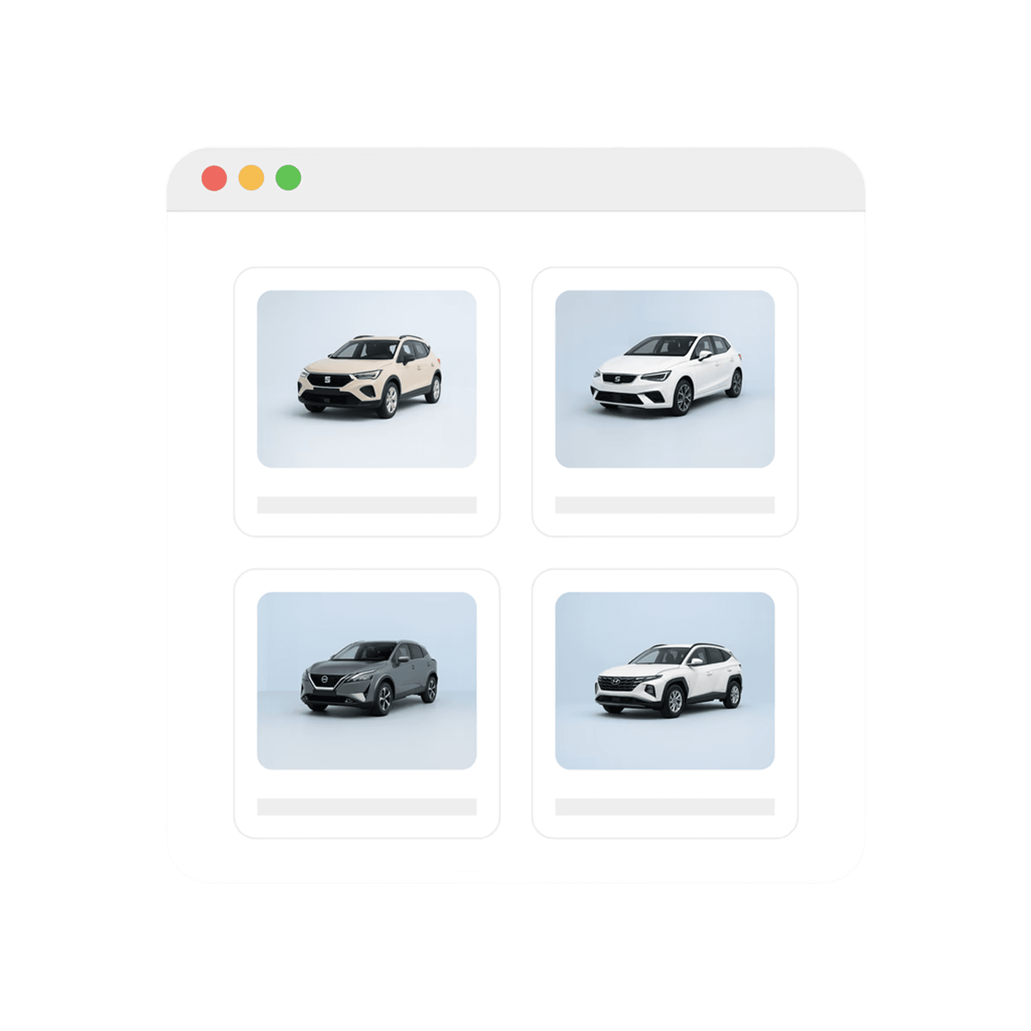Four model cars on a website screen. Different colors and models.