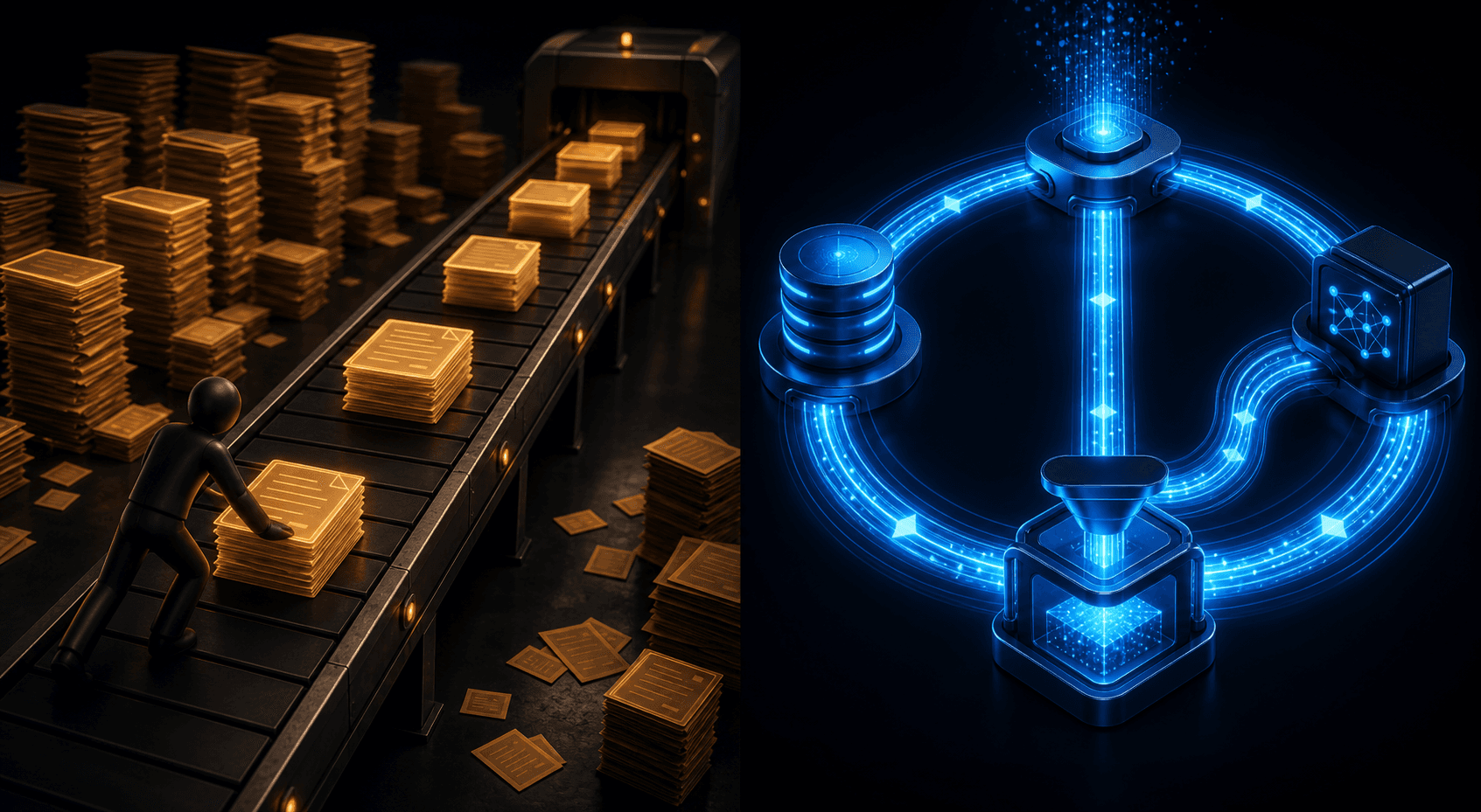 A split-screen abstract visualization contrasting two workflows: on the left, a slow manual conveyor belt with glowing amber documents stacking up and a single figure pushing papers, representing a bottlenecked manual update cycle; on the right, a sleek automated pipeline of glowing blue data streams flowing smoothly through interconnected nodes in a circular loop, representing a nightly automated learning pipeline — dark background, clean digital aesthetic, no text, no labels, no words