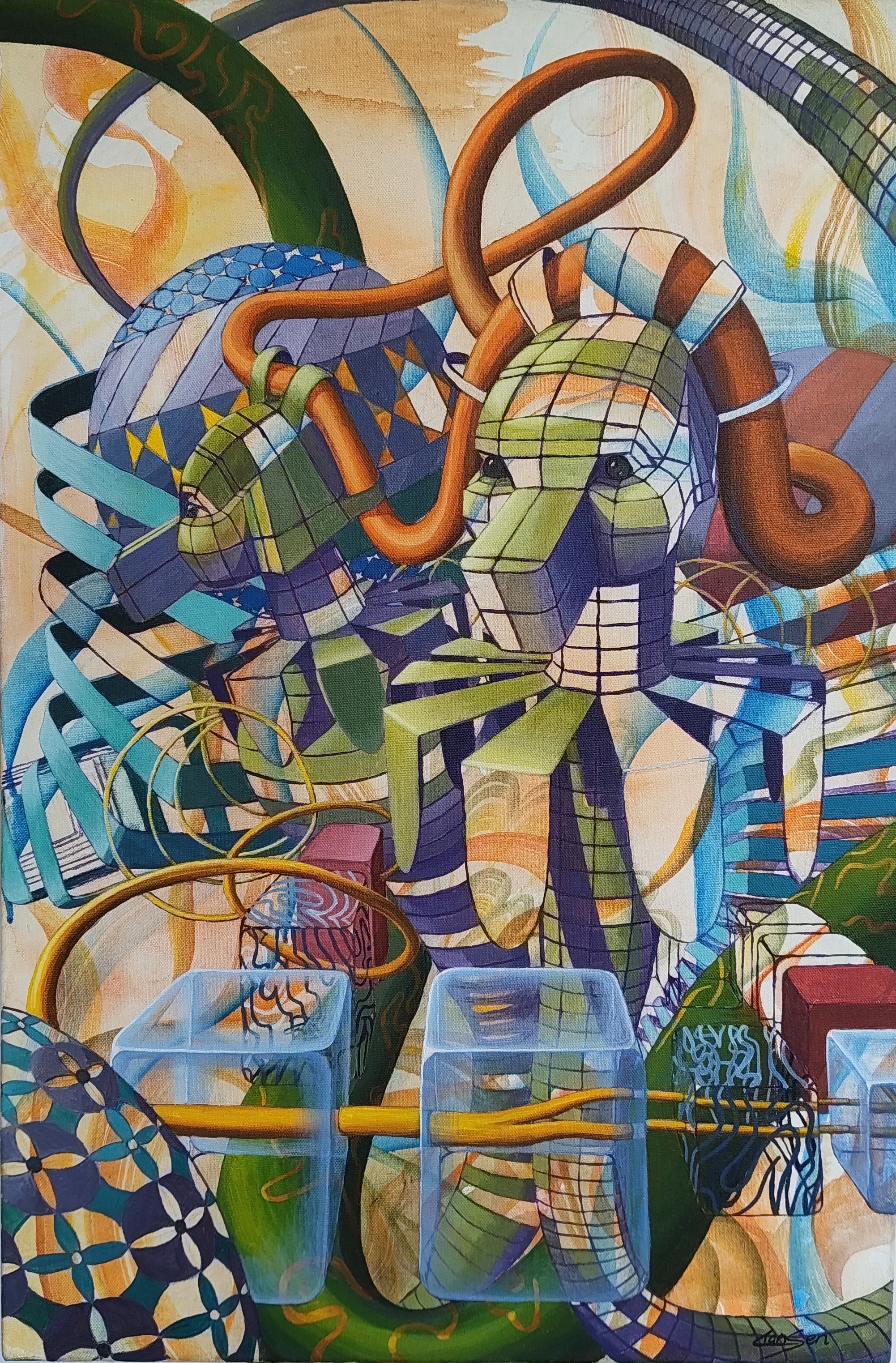 herd of sheep on road painting