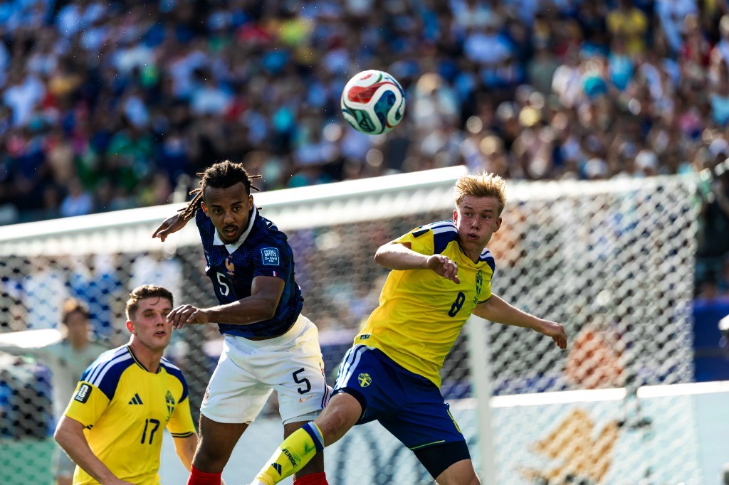 France and Sweden contest an aerial duel near goal at the 2026 FIFA World Cup