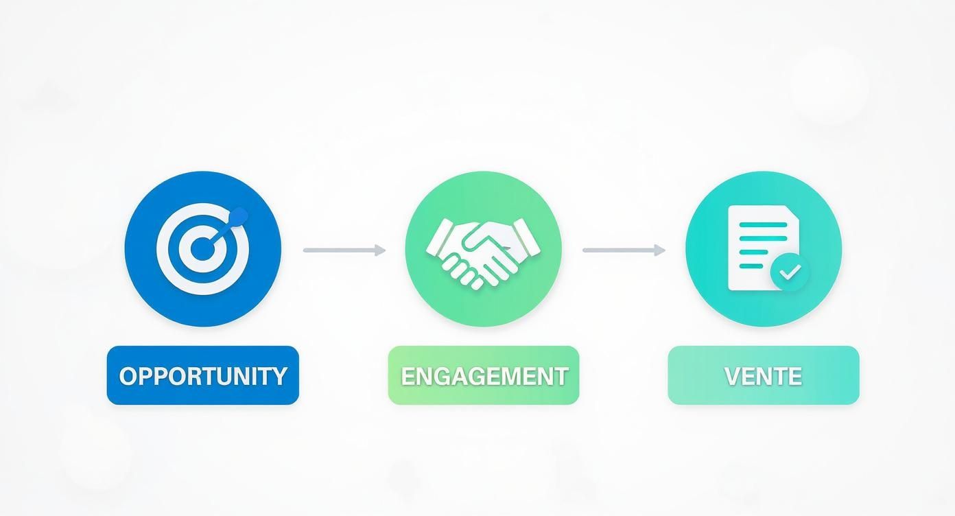 Infographie illustrant le processus commercial en trois étapes : Opportunité, Engagement et Vente, avec des icônes descriptives.