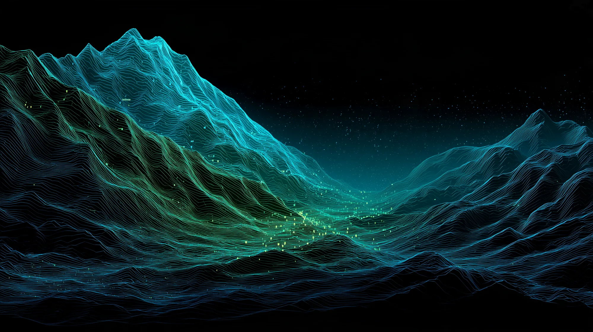 Wireframe terrain mesh of Carpathian mountain ridges rendered as glowing teal and green contour lines