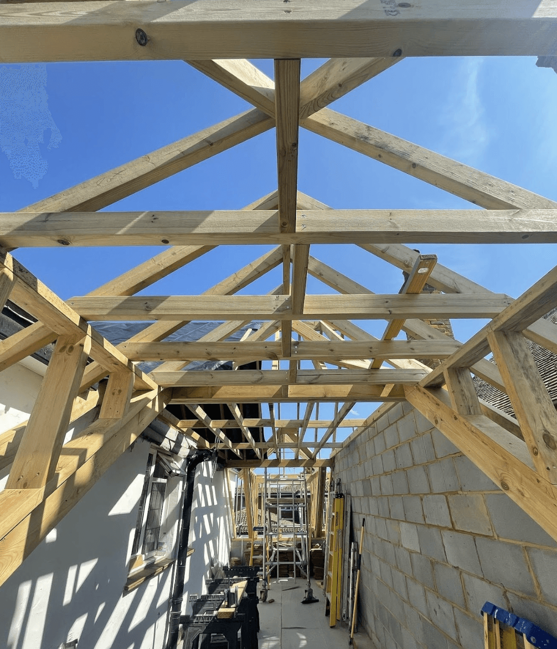 A hand pitched roof frame