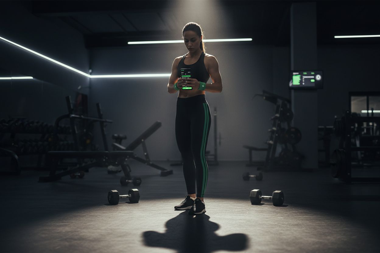 Person logging a workout on phone in a gym