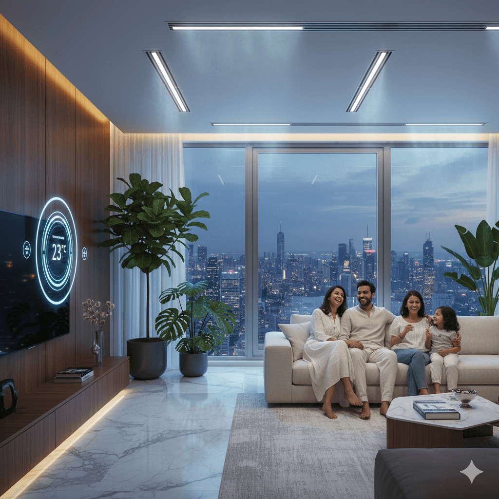 Family relaxing in modern, smart living room with digital thermostat and city view, M3M Residences