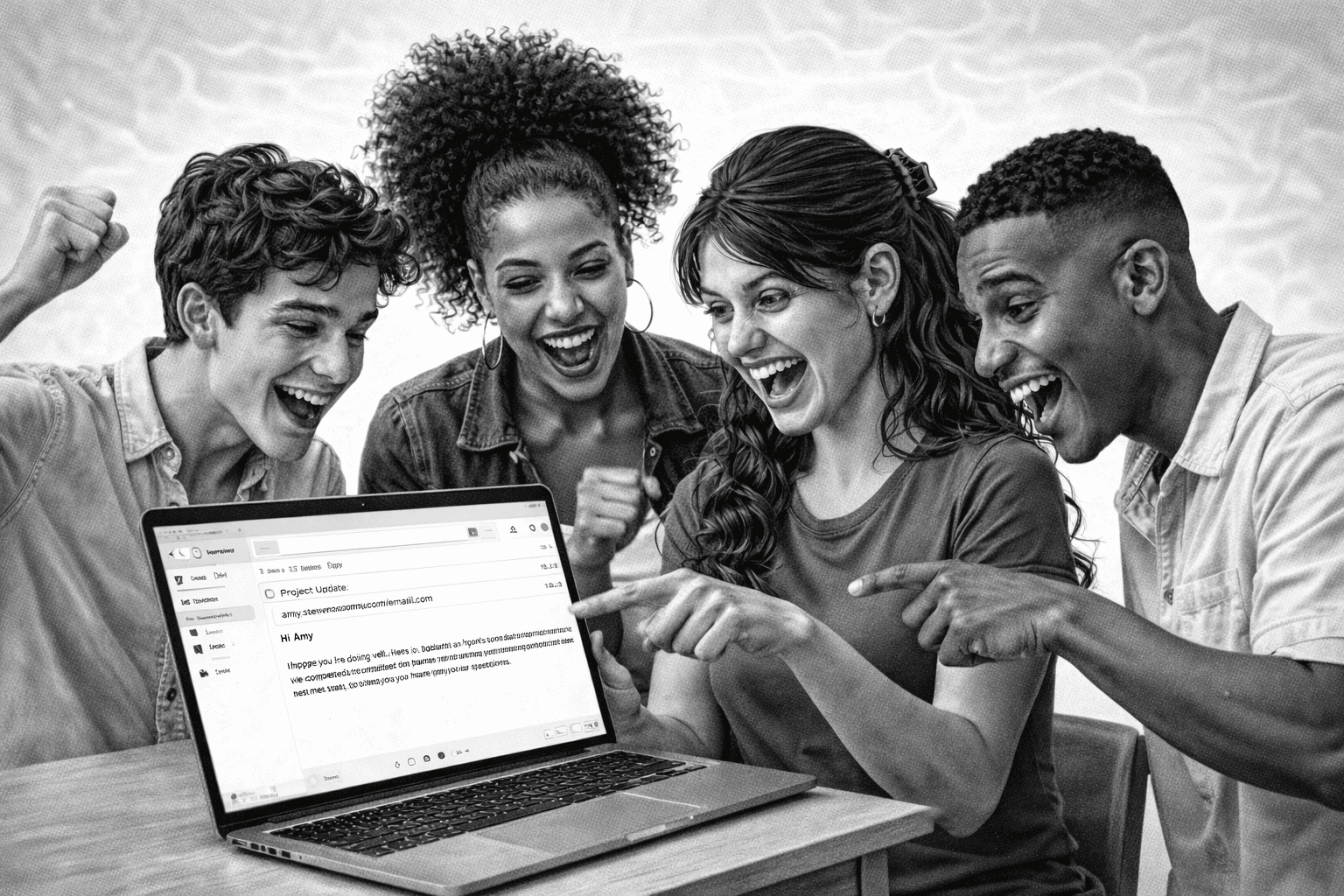 a woman proudly showing off her laptop screen to a cheering group of people. black and white image.