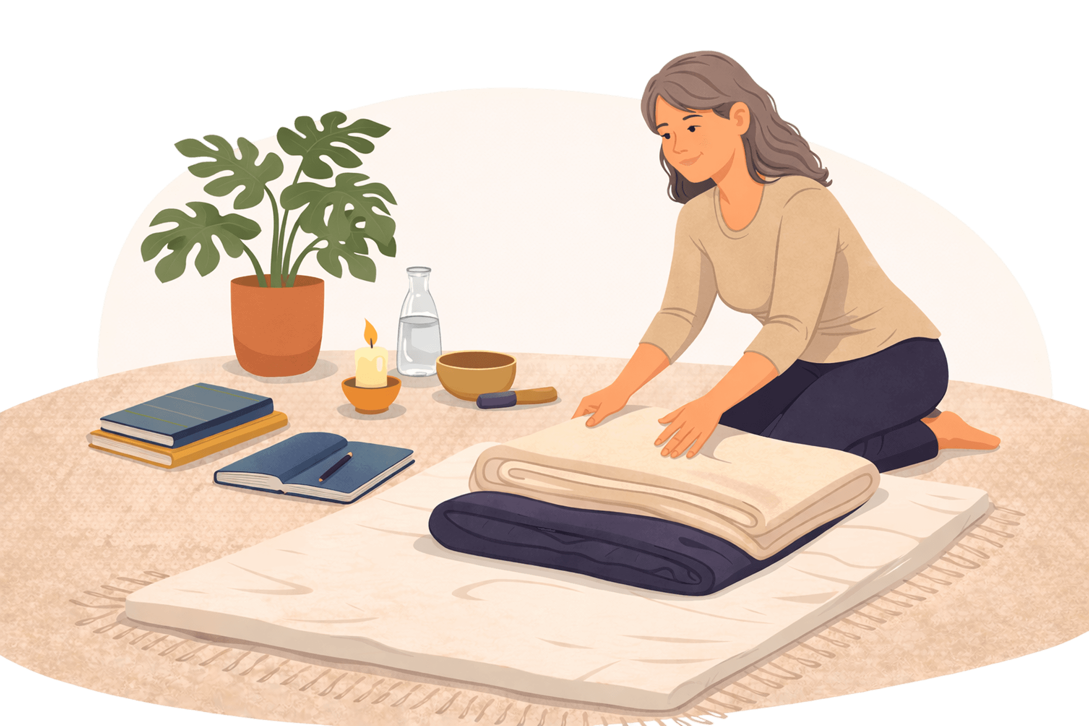 A cozy workspace featuring a wooden desk, a lamp, books, and a plant, illuminated by warm sunlight.