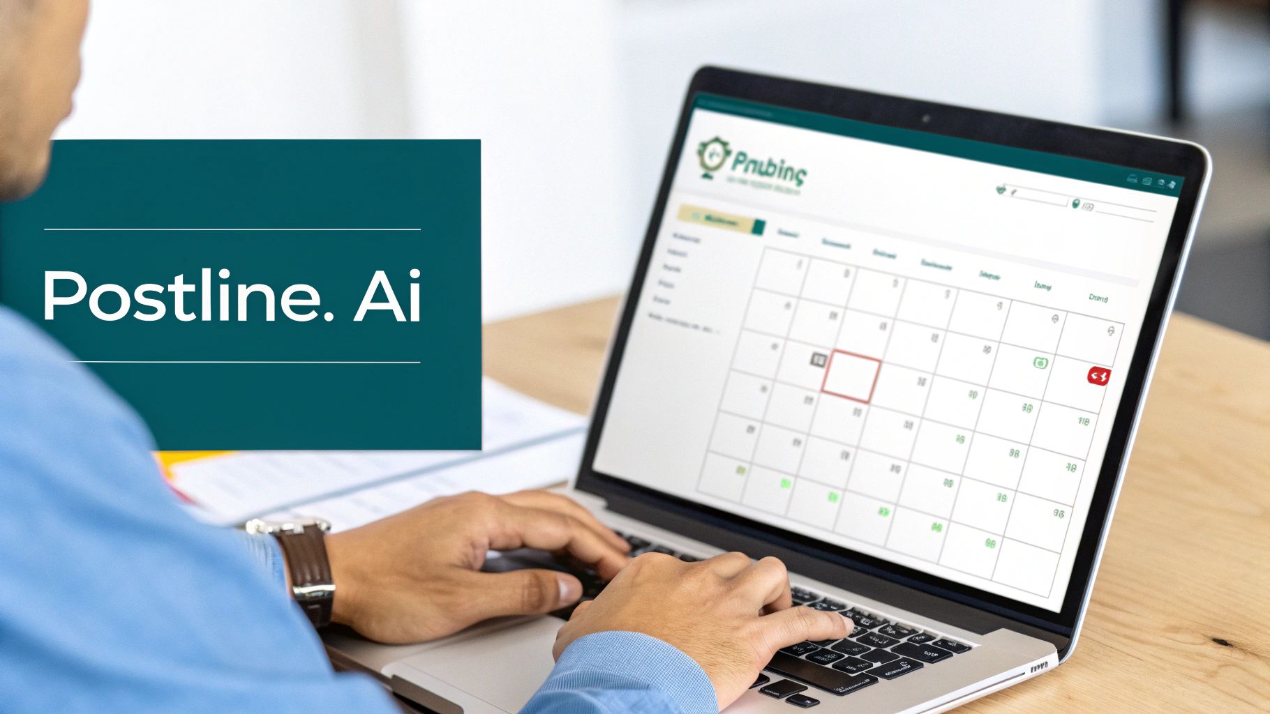 A person types on a laptop displaying a calendar application, next to a 'Postline. Ai' brand box.