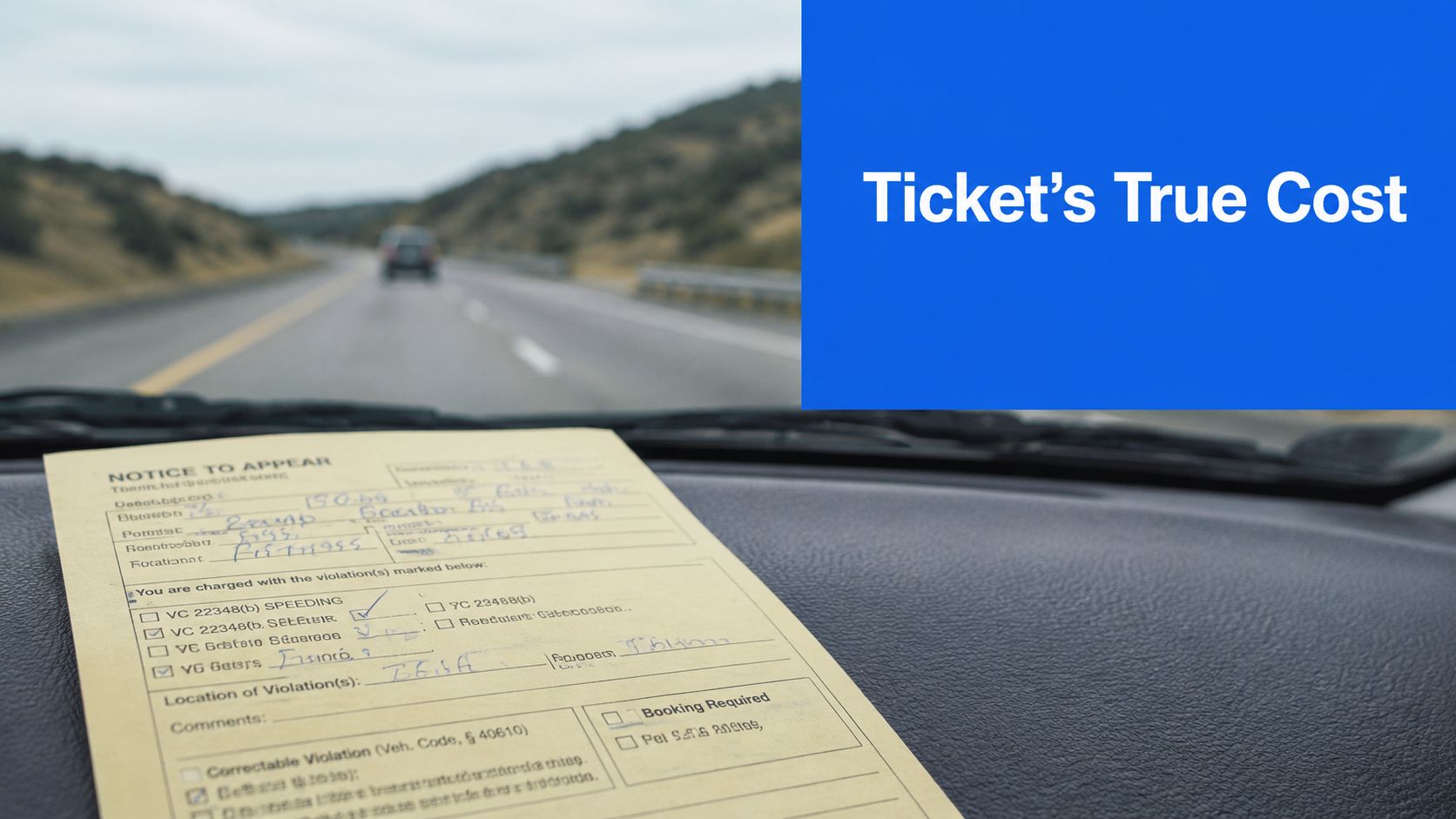 A close-up view of a traffic ticket resting on a car dashboard while driving on the highway.