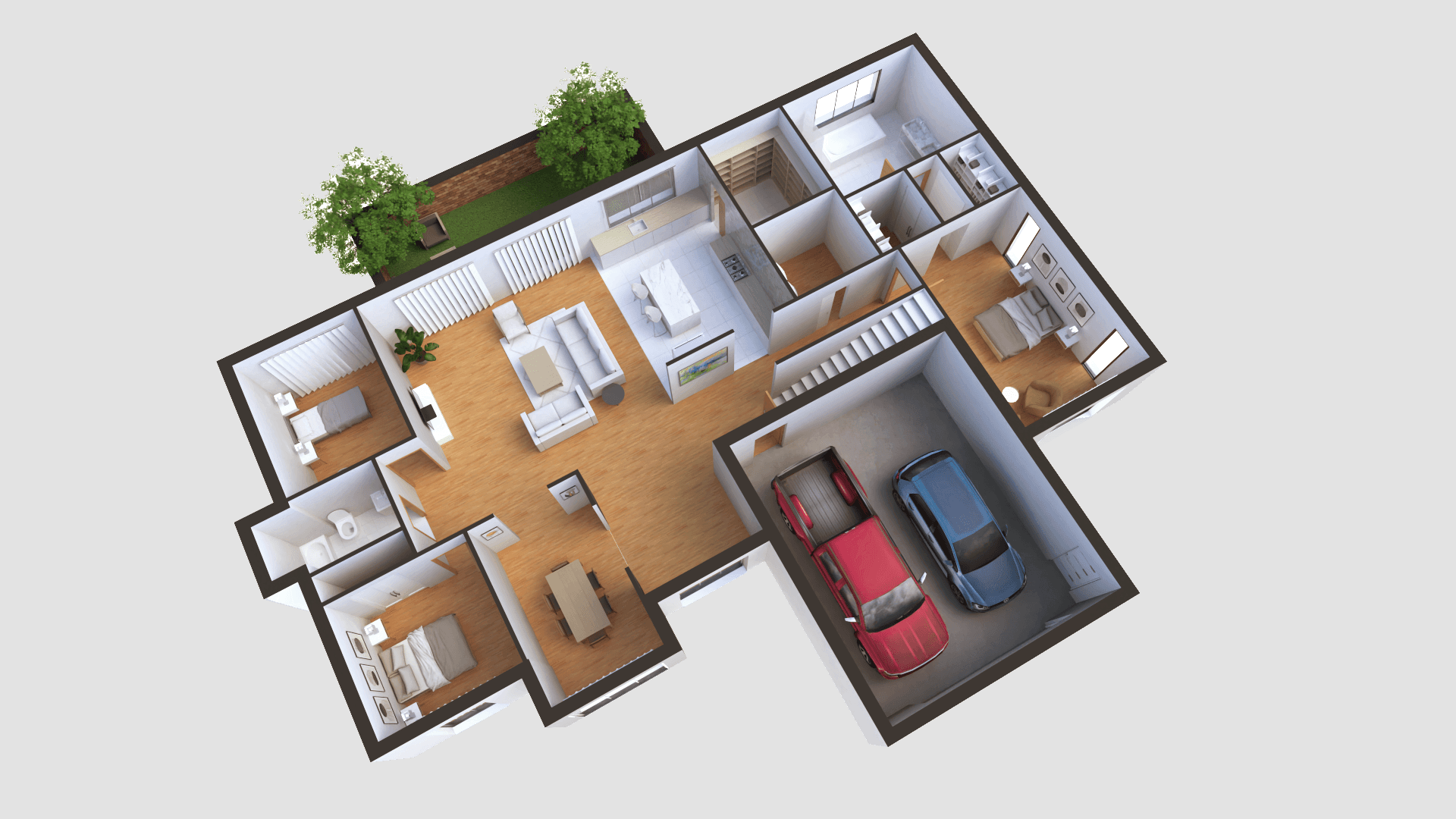 3D overview of a three-bedroom house highlighting a functional layout, spacious common areas, and a well-integrated garage.