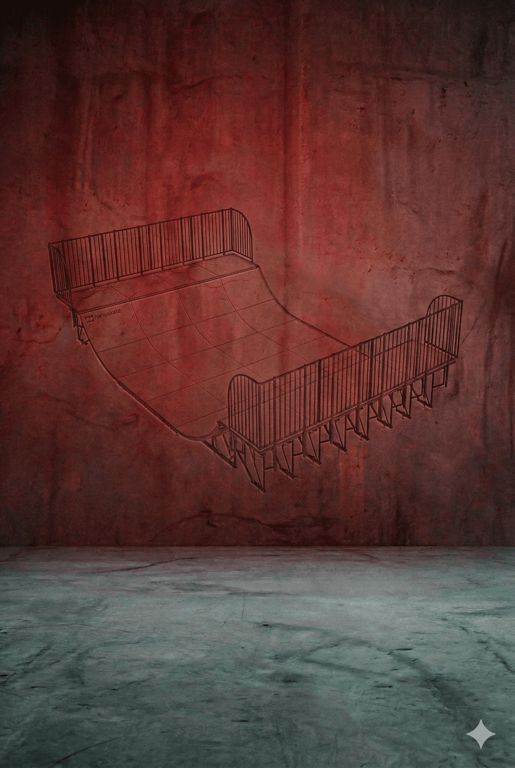 Skate ramp illustration on a textured red wall, showcasing urban skateboarding culture and design.