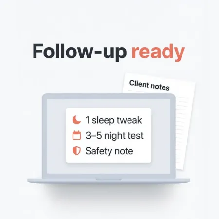 One doable sleep improvement prompt thumbnail showing “Follow-up ready” with a laptop message card listing “1 sleep tweak”, “3–5 night test”, and “Safety note” for menopause coaches