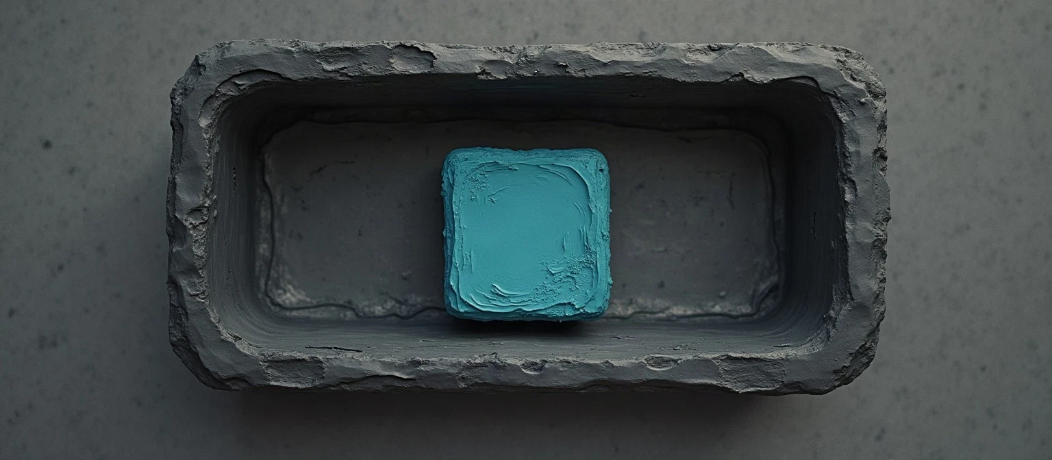A small solid teal block resting inside a much larger hollow grey frame, representing the small part of AI sales outreach that works reliably inside a large amount of hype.