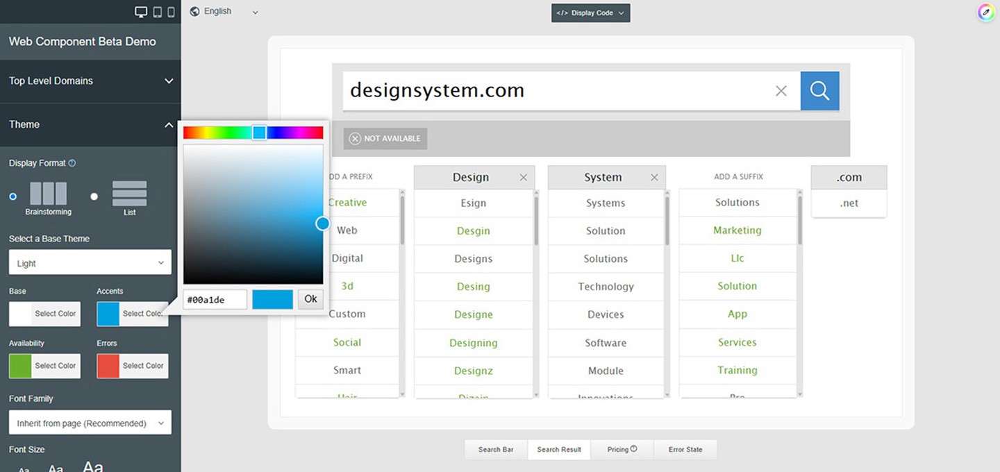 NameStudio API Web Component configuration interface showing customization panel with color picker