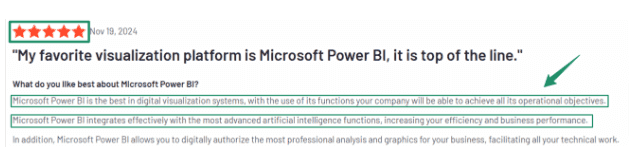 User review expressing positive feedback about Microsoft Power BI