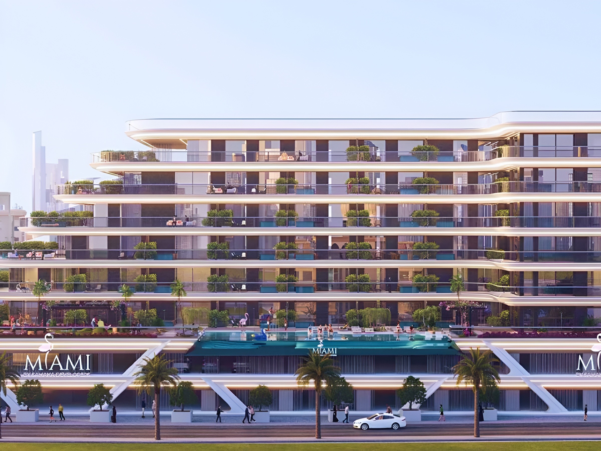 The Samana Miami building exhibits a contemporary, futuristic design with striking architectural elements.