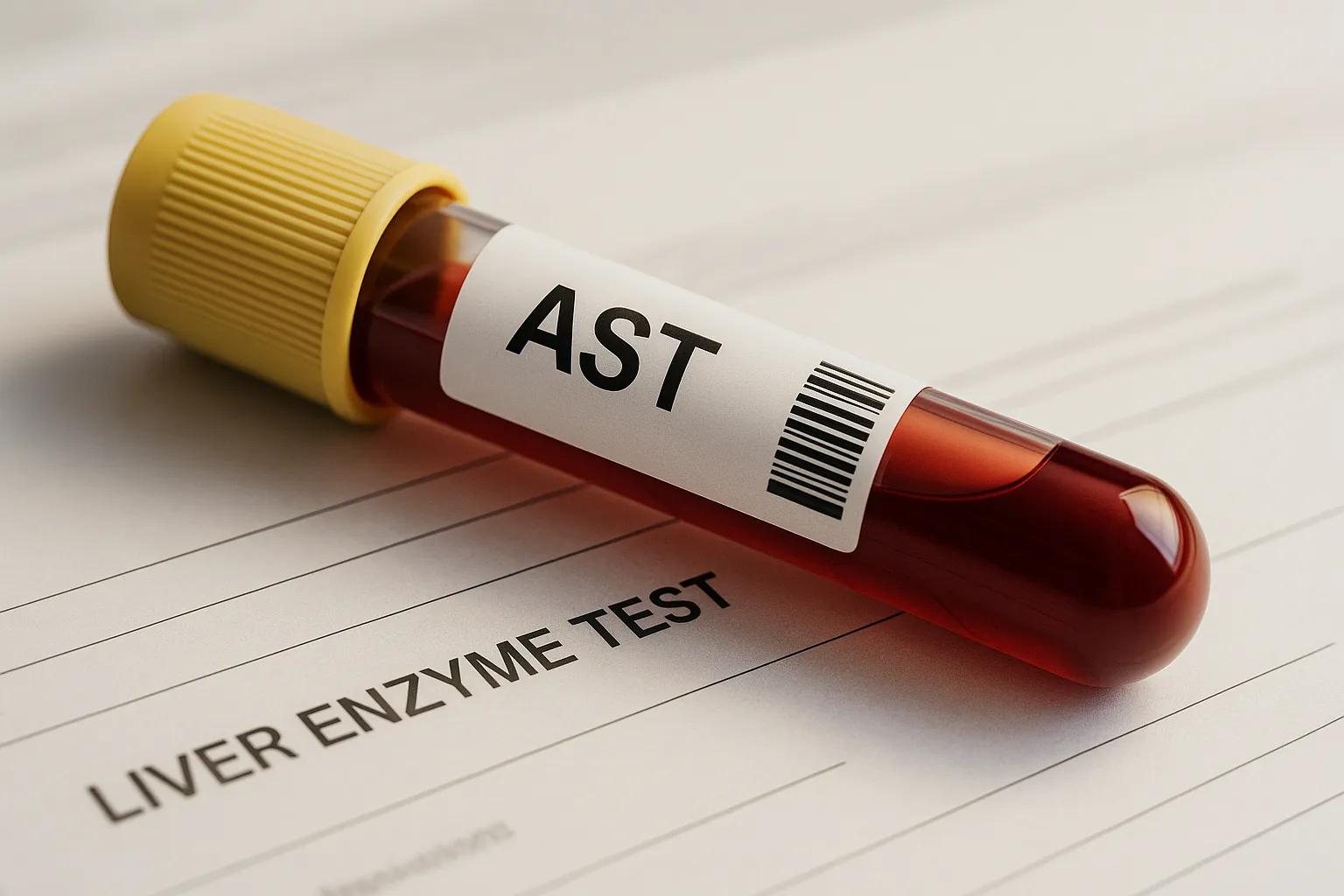 Blood tube labeled AST lying on a liver enzyme test form