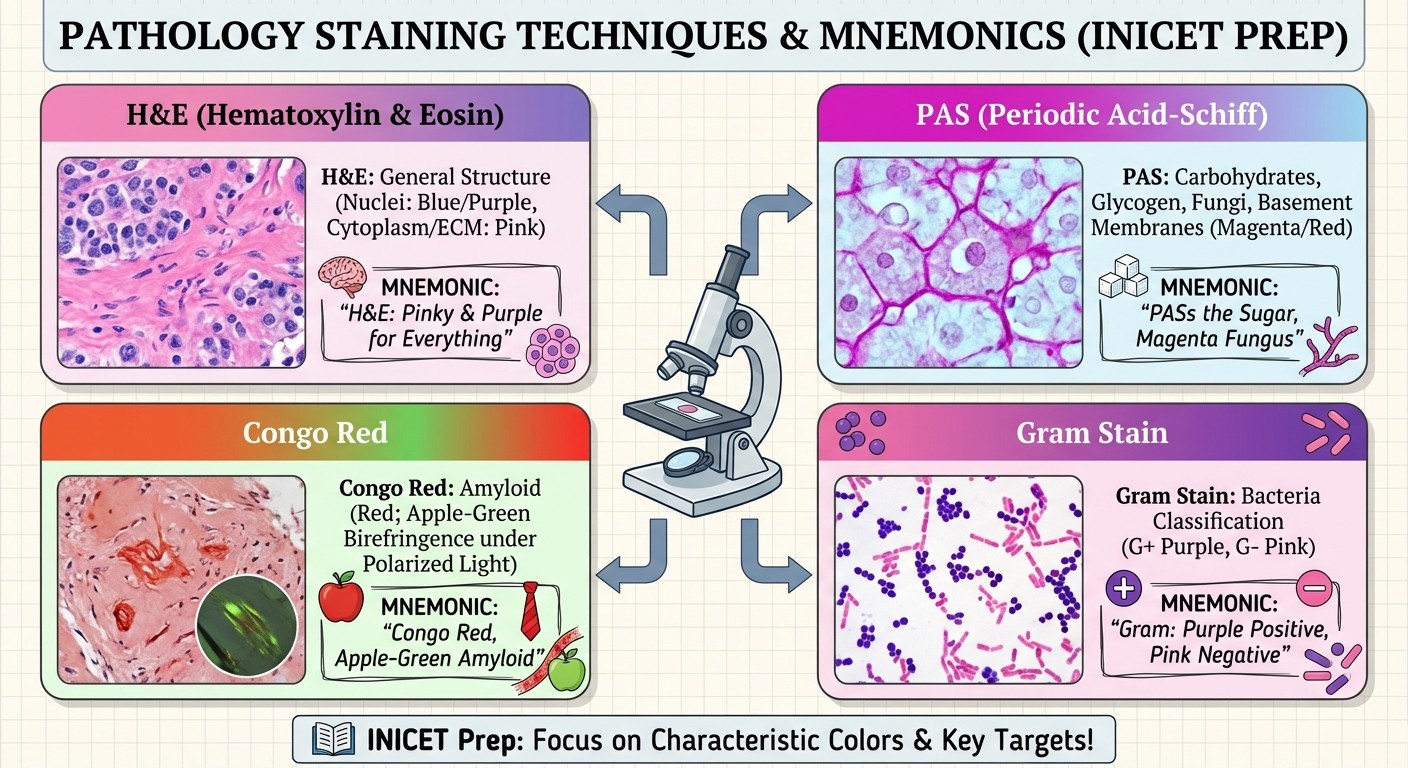 Pathology staining techniques and mnemonics reference guide for INICET preparation