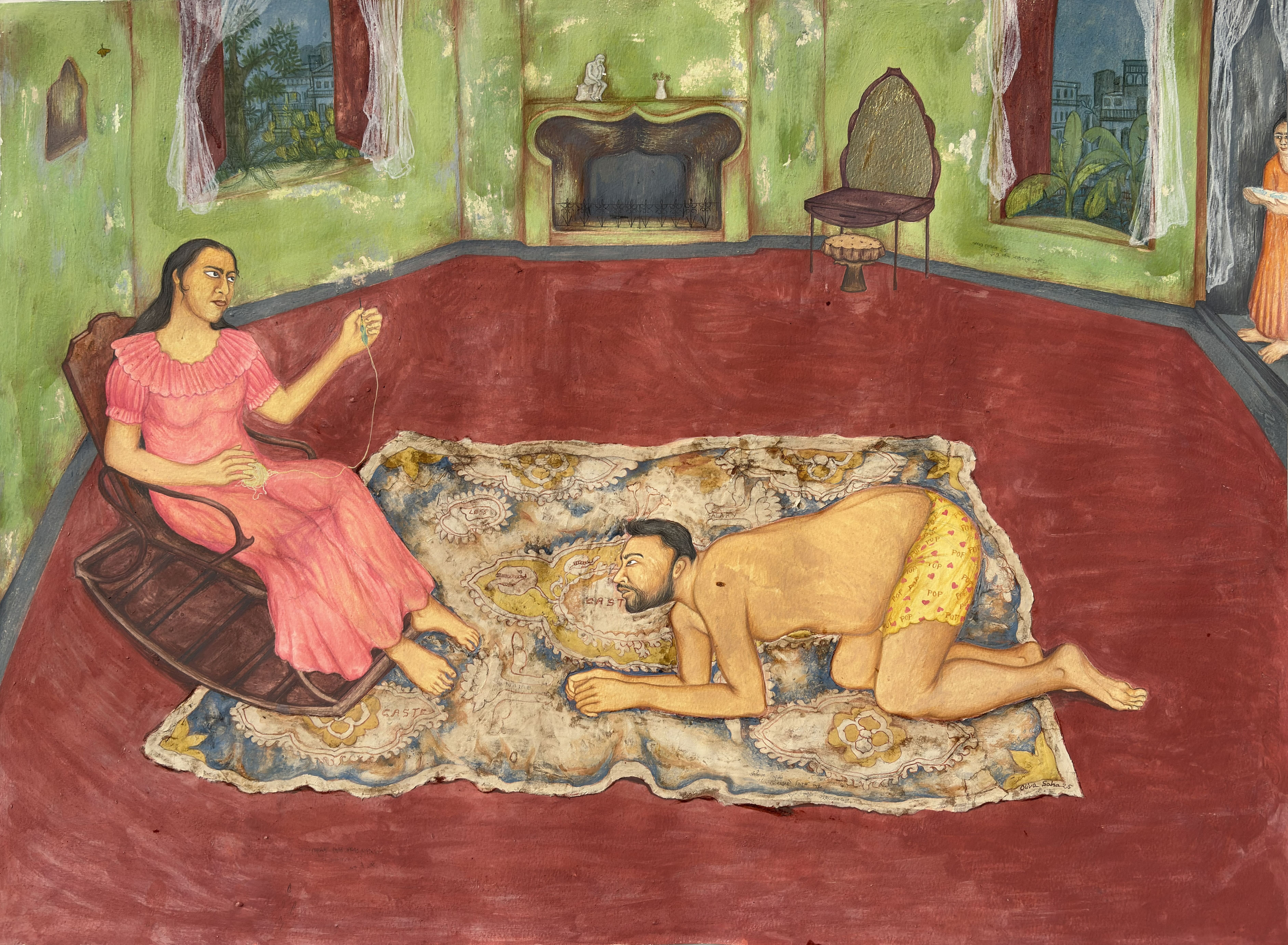 herd of sheep on road painting