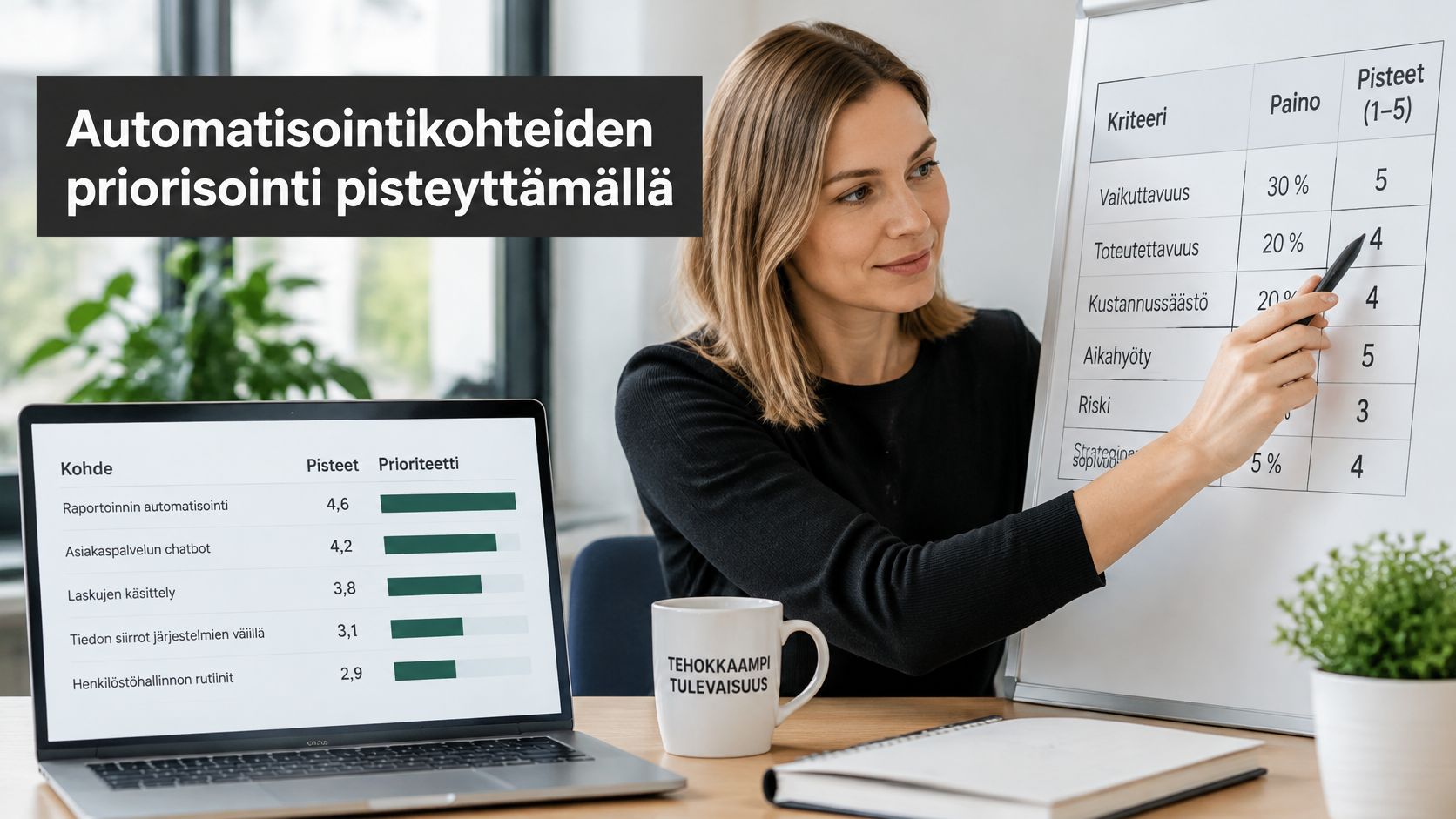 Nainen esittelee automatisointikohteiden priorisointia ja pisteytystä fläppitaulun ja kannettavan tietokoneen avulla toimistoympäristössä.