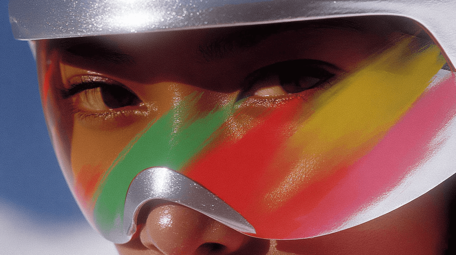 Close-up of chrome ski goggles with specular highlights, Reflection of neon chaos, Tactile physical reality, Digital Human Synthesis, Engineered by Aventi