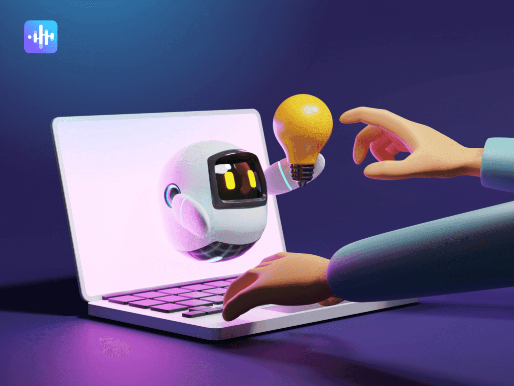 The Jamworks JamAI robot mascot collaborating with a human using a laptop.