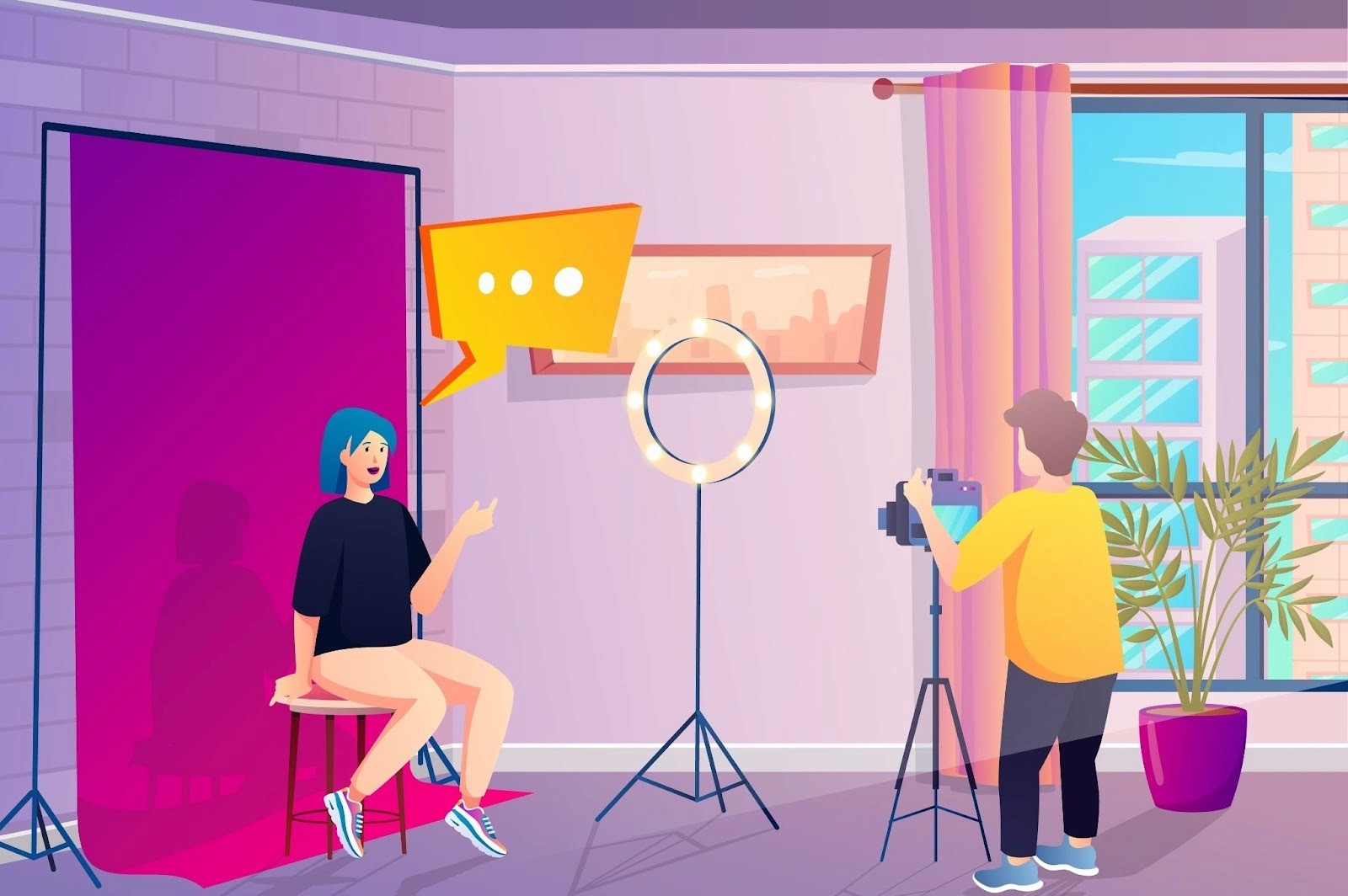 Illustration of a creator being filmed in a studio with a ring light and camera, representing branded content production for influencer marketing campaigns