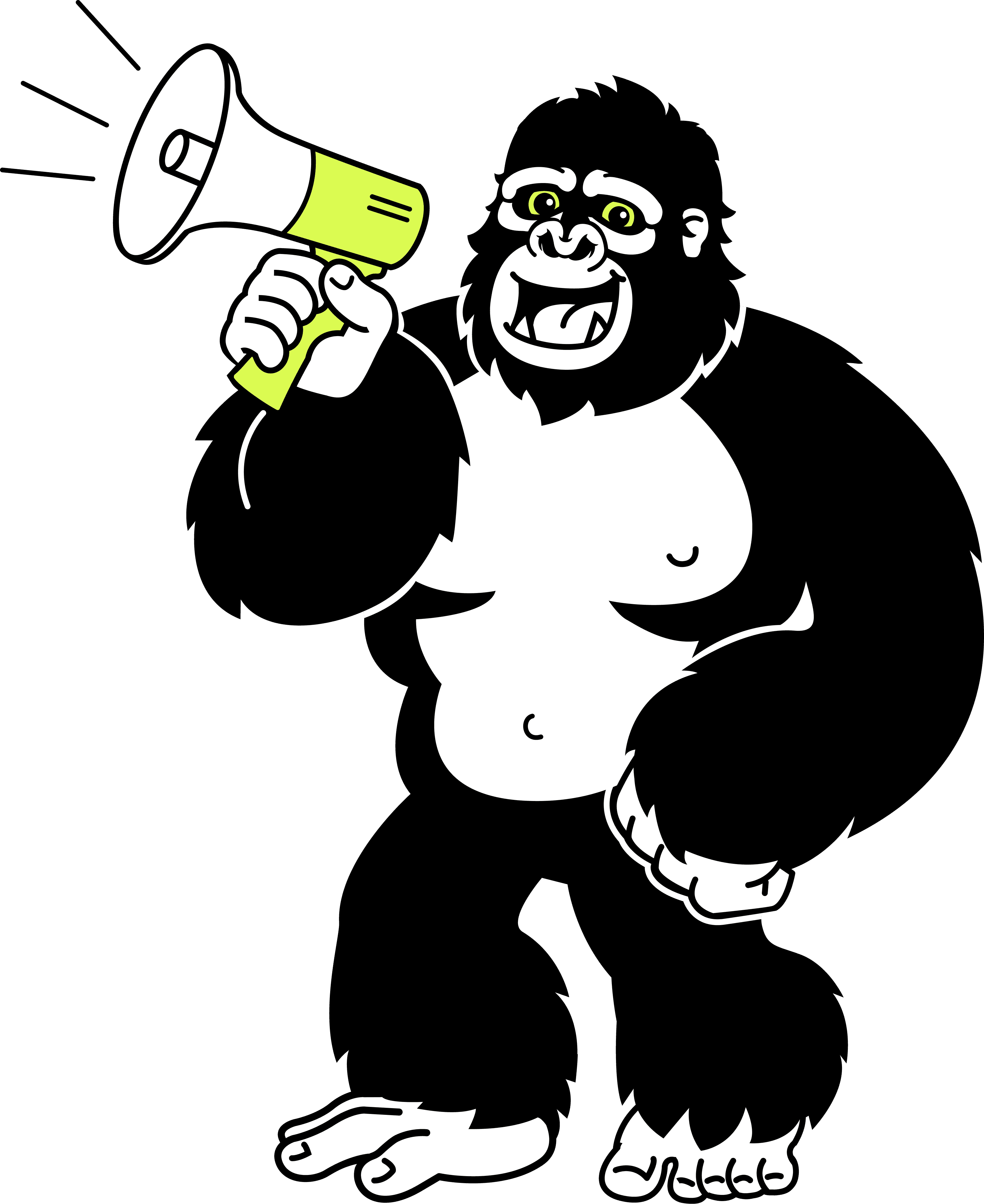 A cartoon gorilla, with black fur and a white belly, smiles energetically while holding a green and white megaphone, appearing ready to announce something exciting.