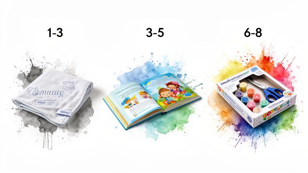 Three age-grouped children's gifts: a personalized baby blanket, an illustrated book, and a craft kit.
