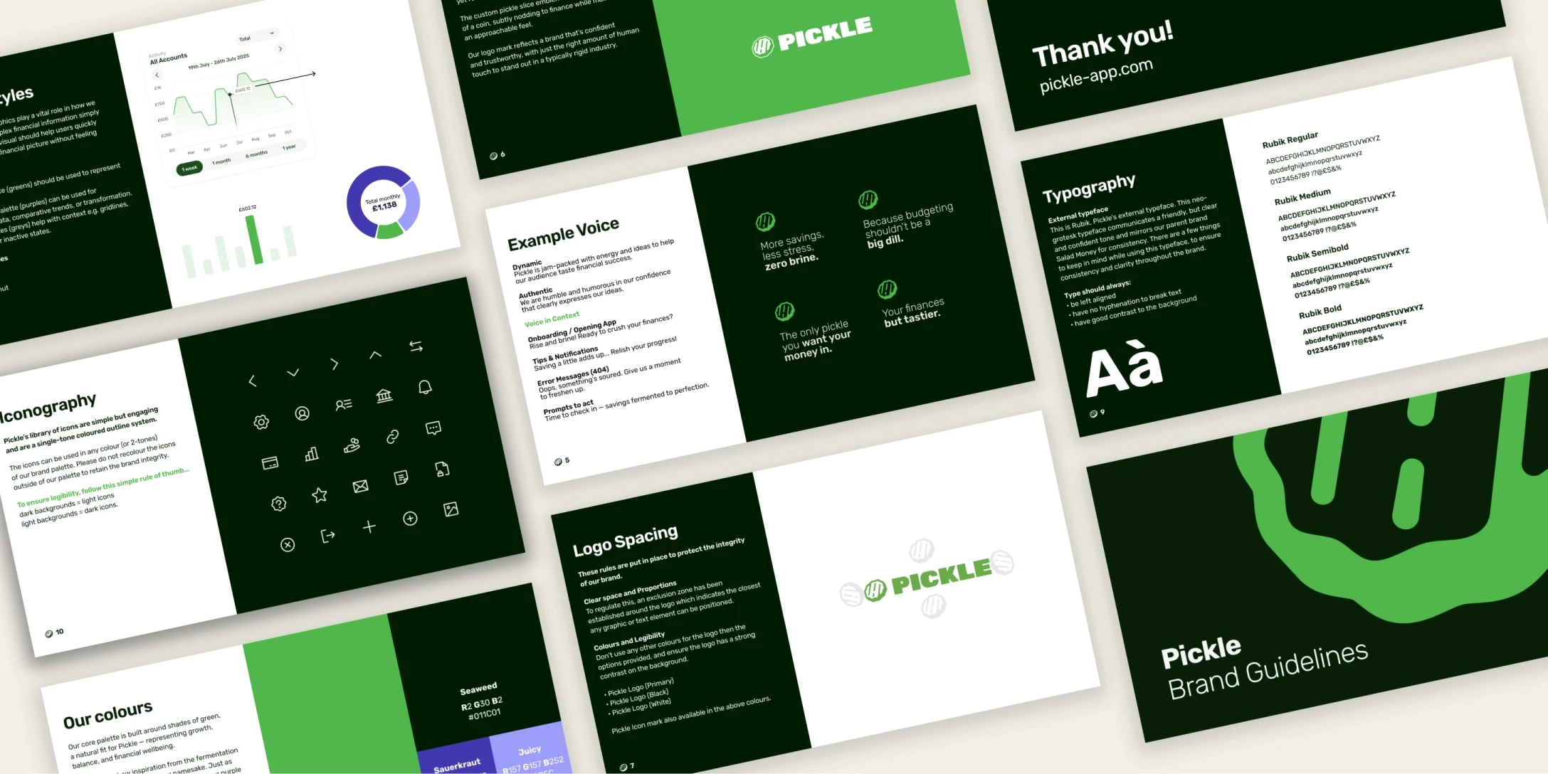 Pickle brand guidelines document layout showing typography, iconography, logo spacing and colour palette in green and dark tones
