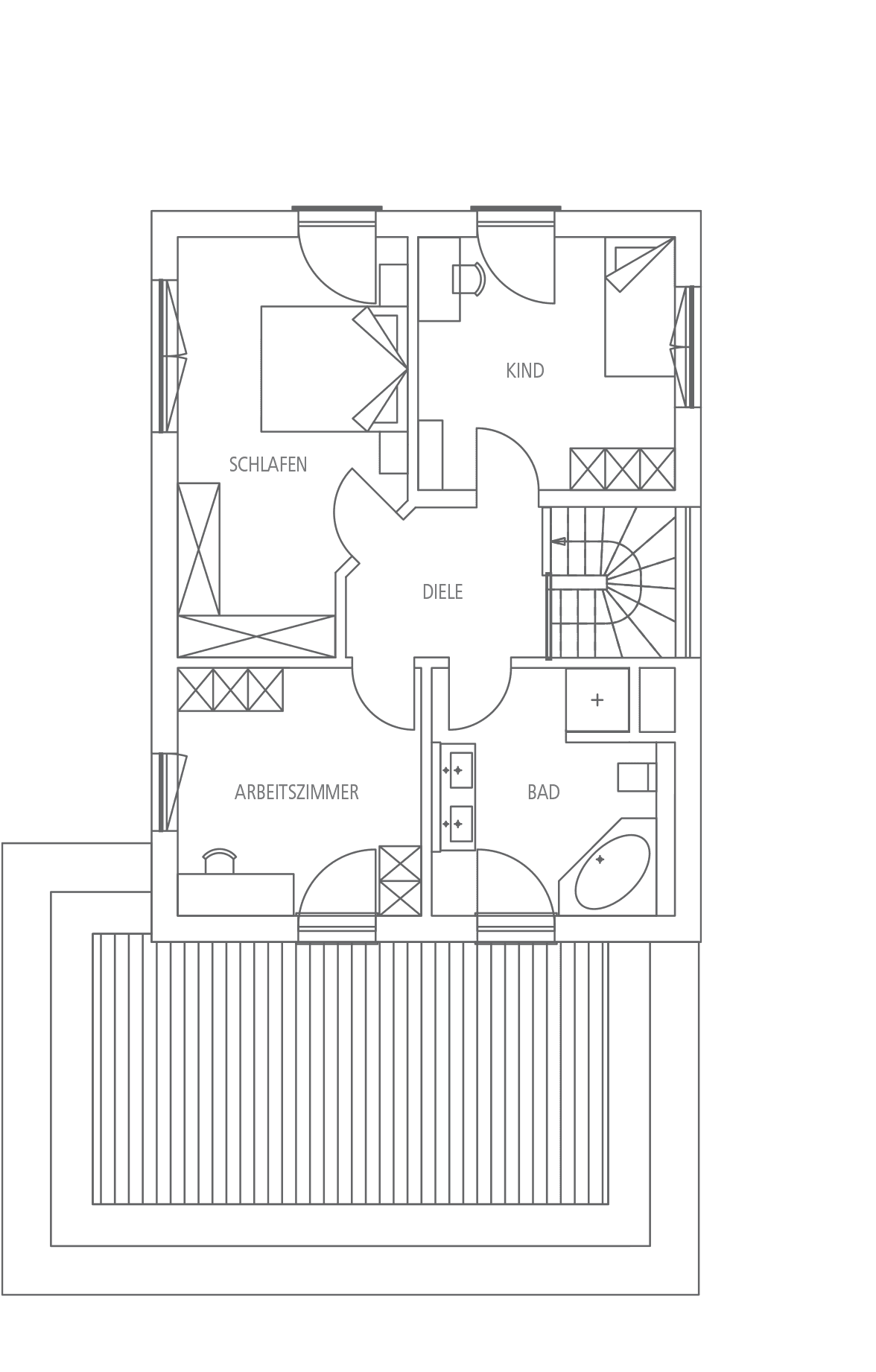 Grundriss mit Schlafzimmer, Kinderzimmer, Diele, Arbeitszimmer, Bad und Treppenhaus.