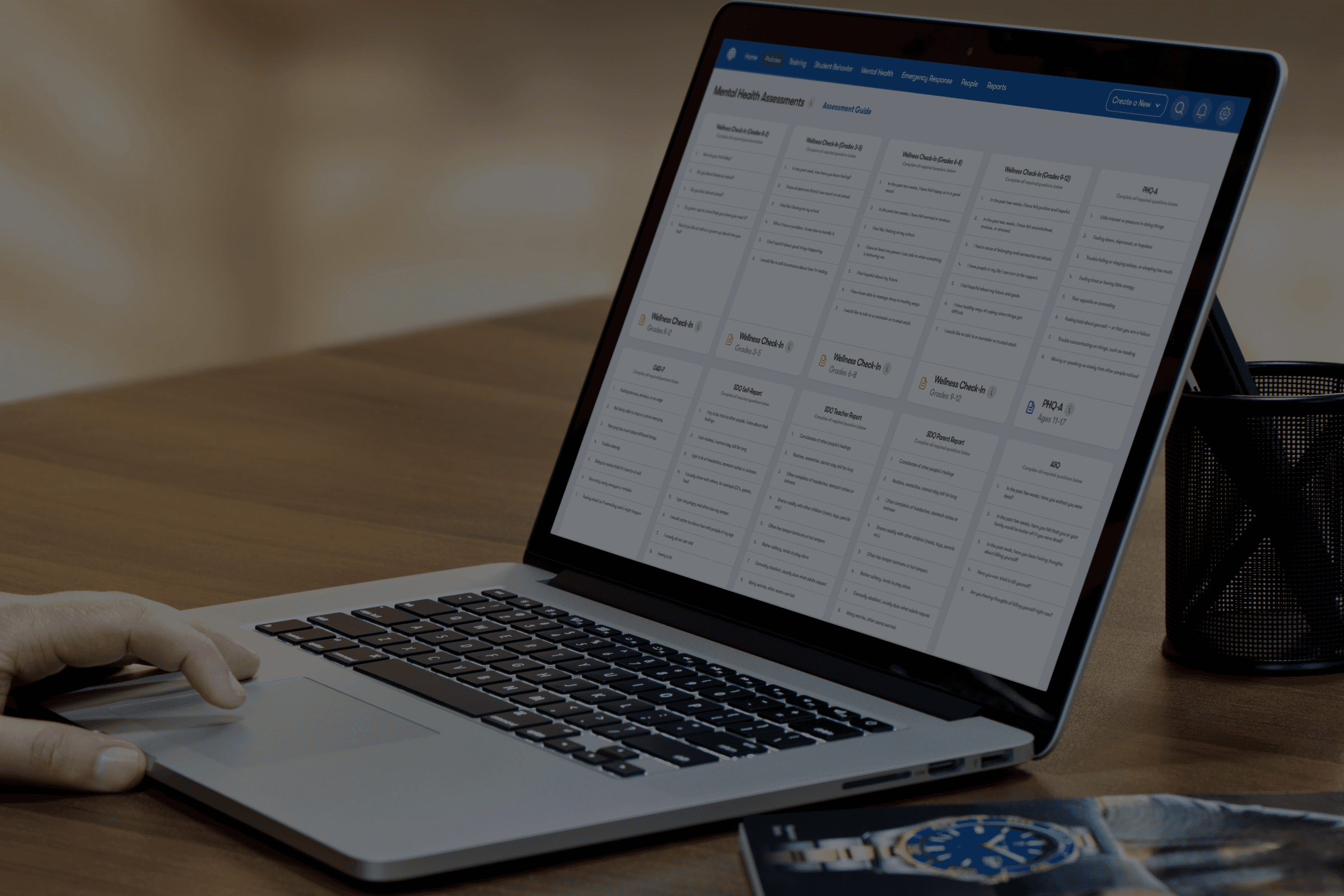 Image of a mockup of Impact Suite software dashboard. It shows the user the number of concerns and cases, it shows a concerns timeline, it lists the top students who need personal care, and it gives details into who has/has not compnleted safety trainings and policy acknowledgements.