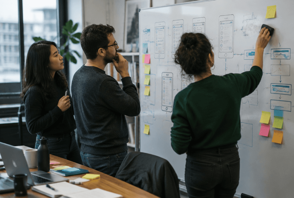 Product team of three sketching app screens and user flows on a large whiteboard