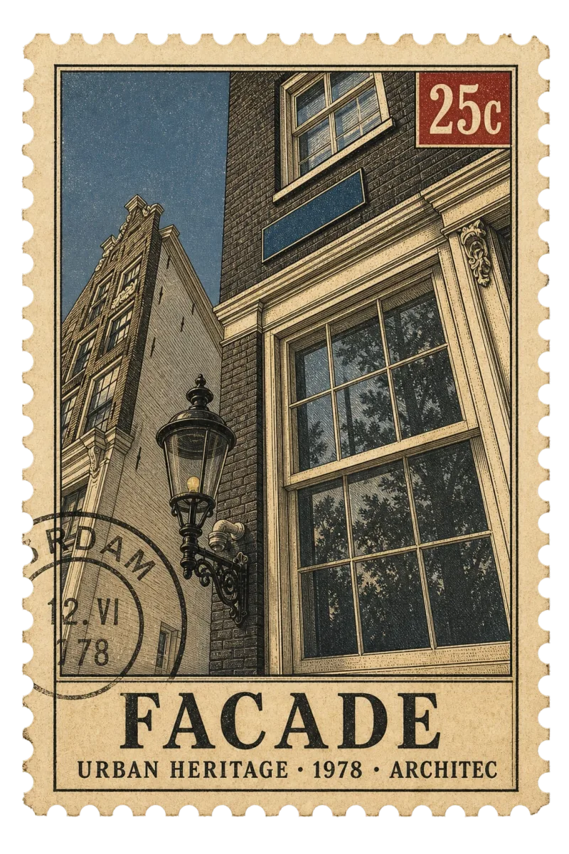 Vintage postage stamp of Amsterdam facades