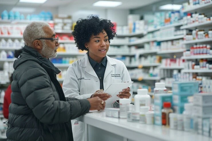 A female pharmacy manager helping a man in a pharmacy from miramar