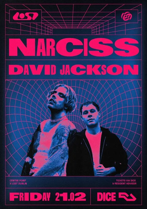 Pink and purple poster featuring two men in sunglasses with event name “Narciss & Davis Jackson.